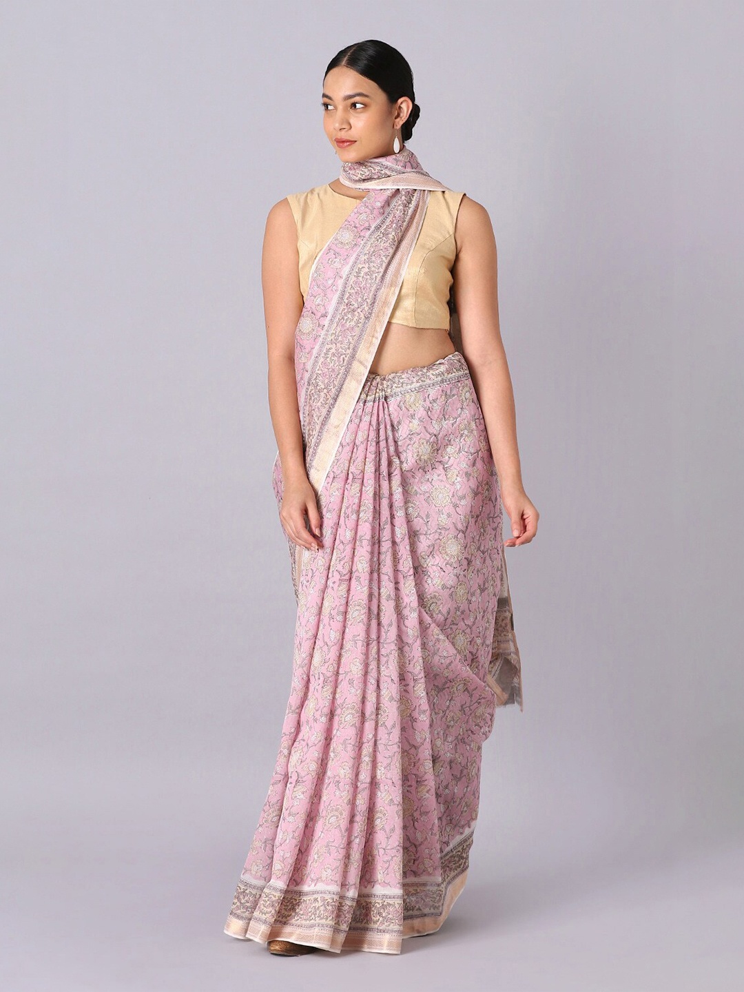 

Taneira Pink & Gold-Toned Floral Zari Silk Cotton Saree