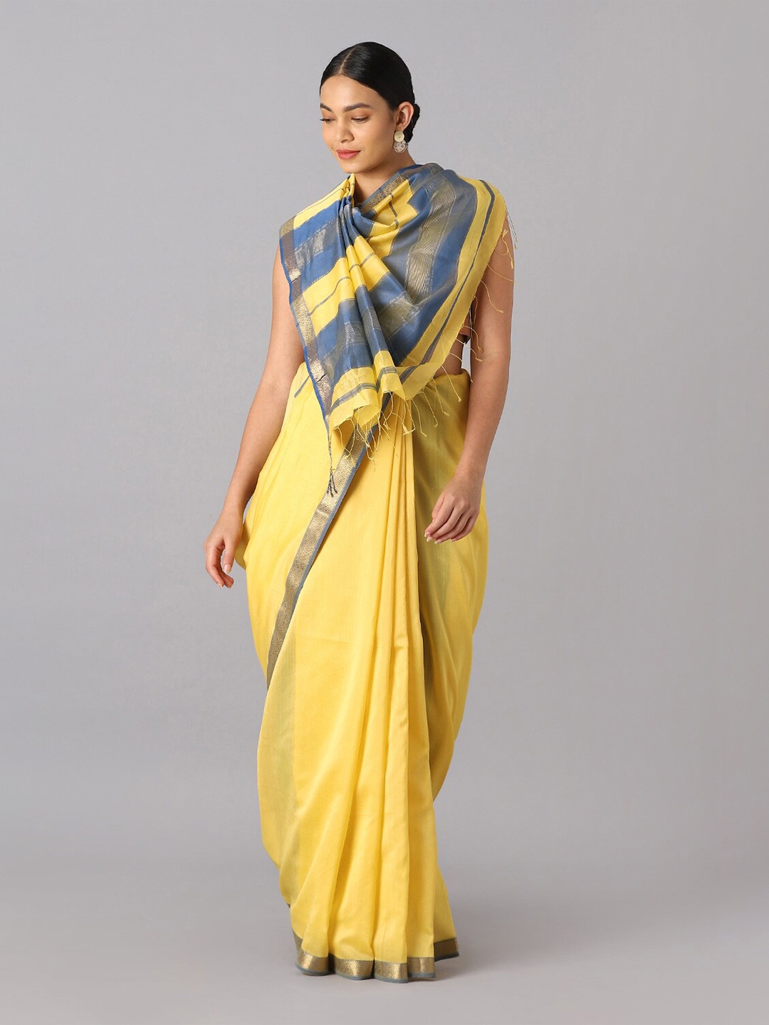 

Taneira Yellow & Blue Zari Silk Cotton Maheshwari Saree