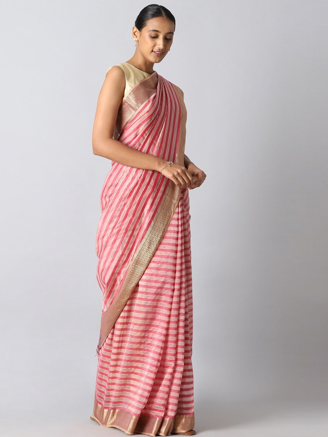 

Taneira Pink & White Striped Zari Silk Cotton Maheshwari Saree