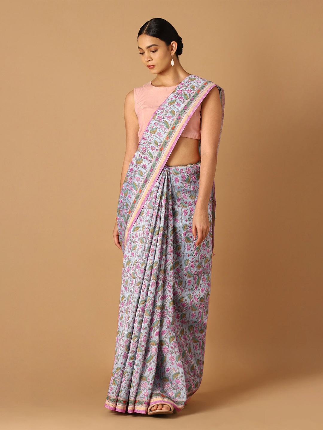 

Taneira Blue & Gold-Toned Floral Zari Silk Cotton Saree