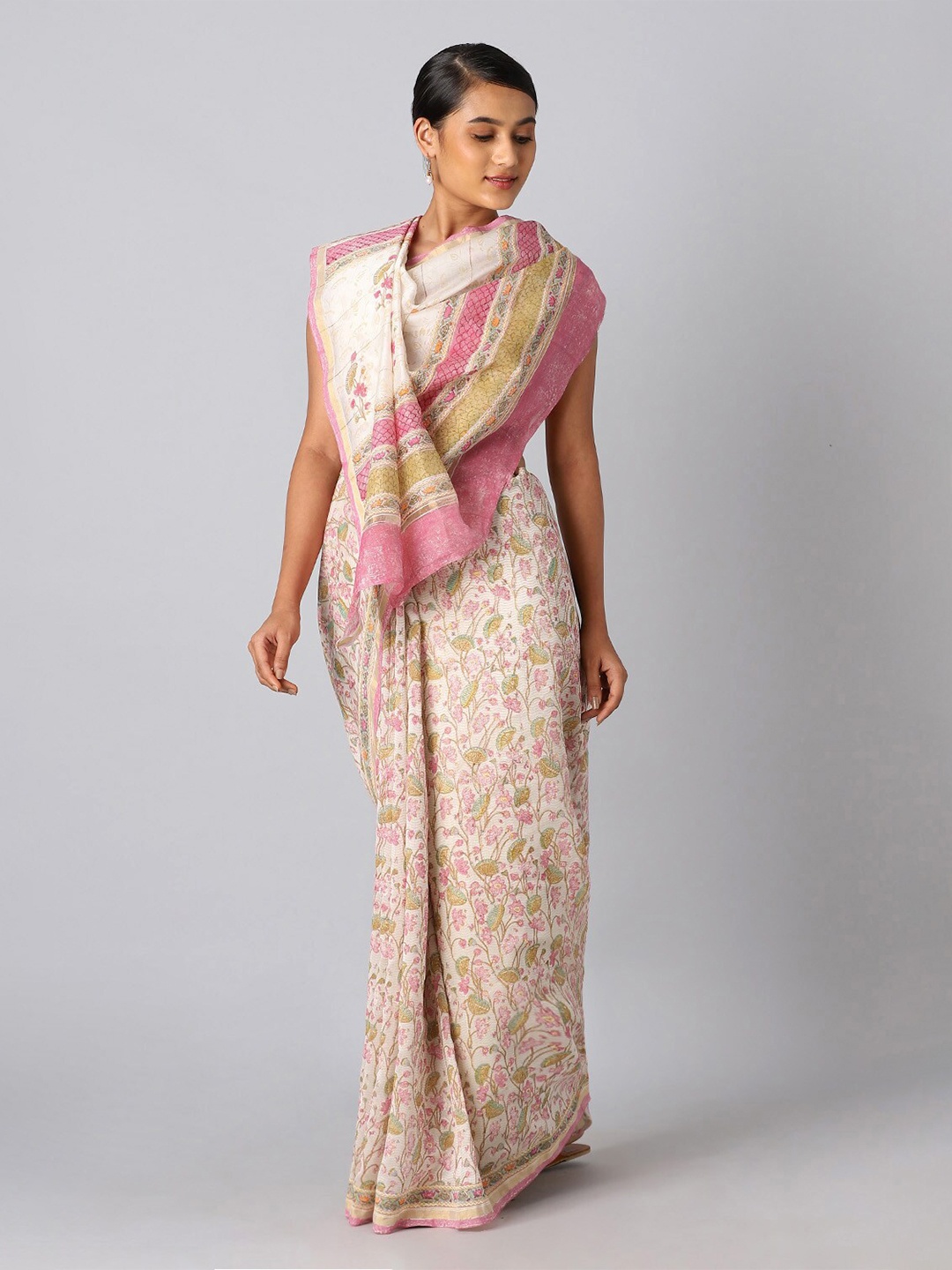 

Taneira Off White & Pink Floral Zari Silk Cotton Saree