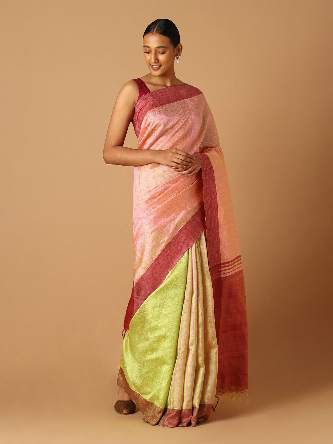 

Taneira Green & Pink Colourblocked Pure Silk Bhagalpuri Saree