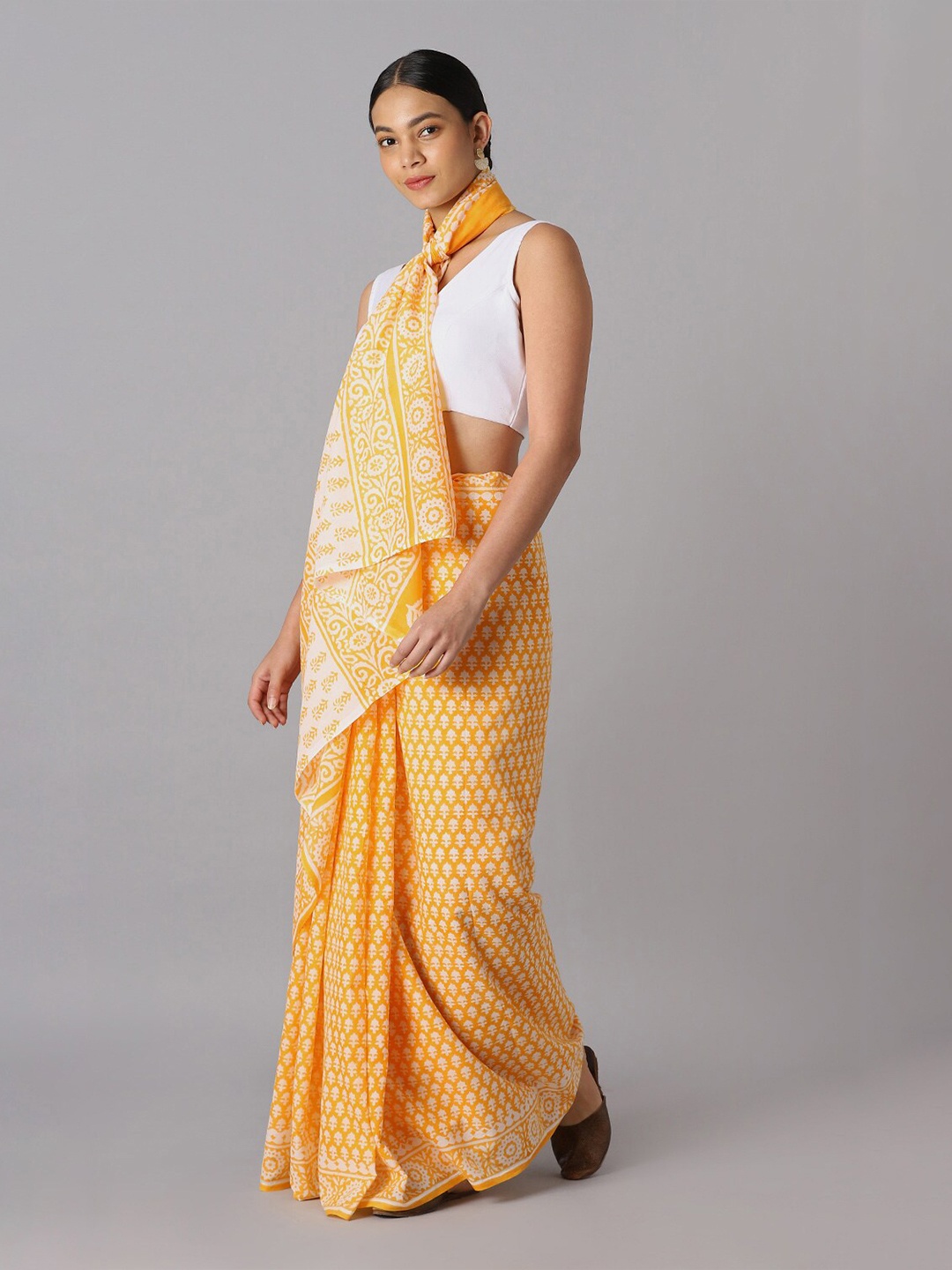 

Taneira Yellow & Off White Floral Pure Cotton Saree