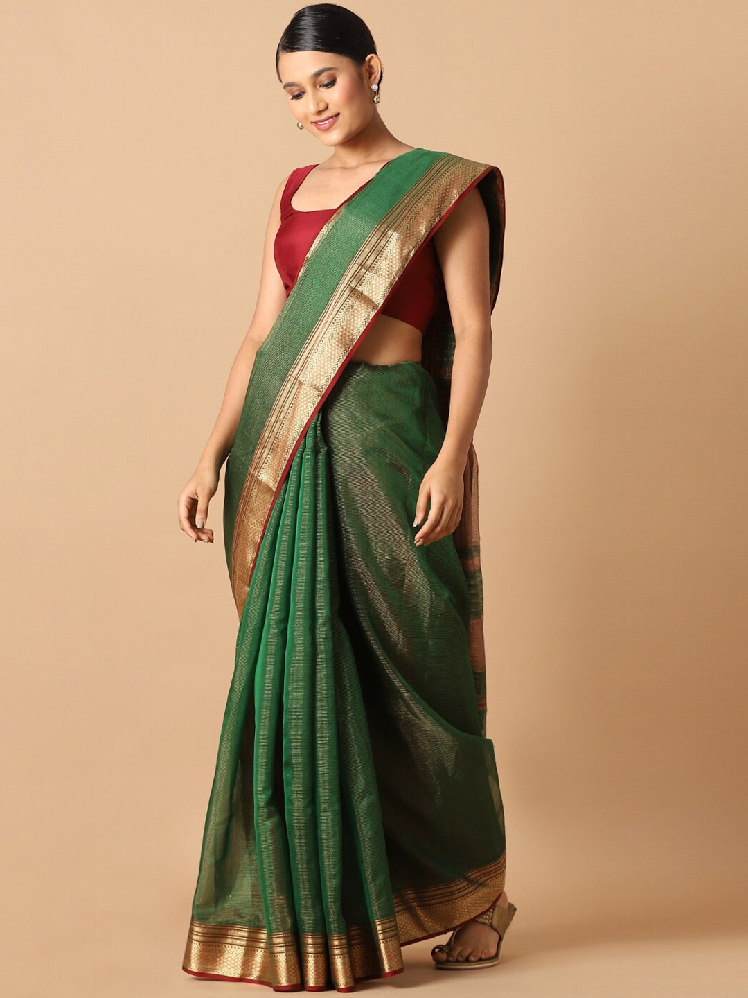 

Taneira Green & Gold-Toned Woven Design Zari Tissue Maheshwari Saree