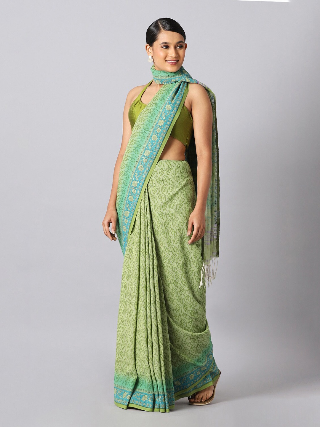 

Taneira Green & Blue Floral Pure Cotton Saree