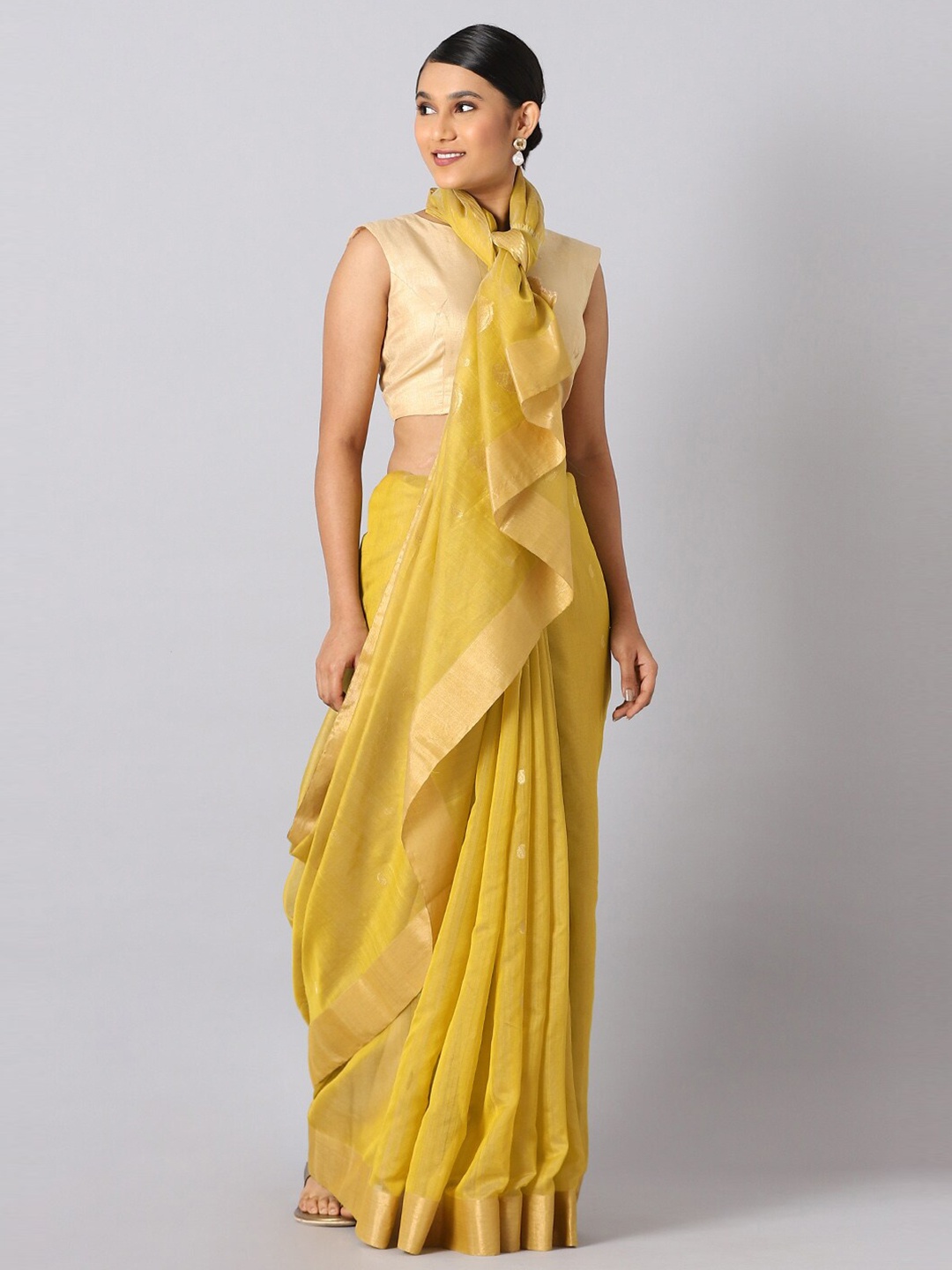 

Taneira Yellow & Gold-Toned Zari Silk Cotton Chanderi Saree