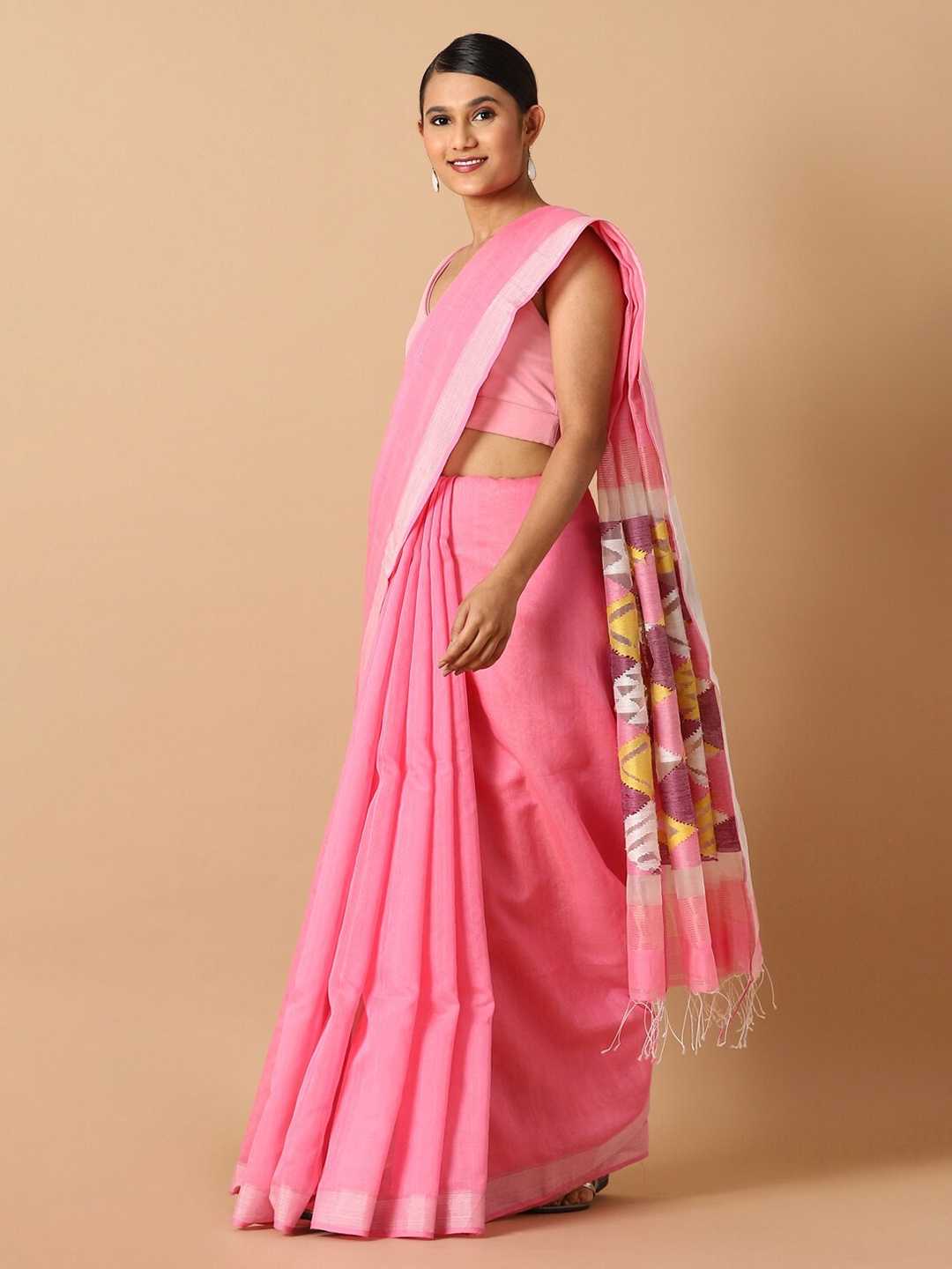 

Taneira Pink & Silver-Toned Zari Silk Cotton Saree