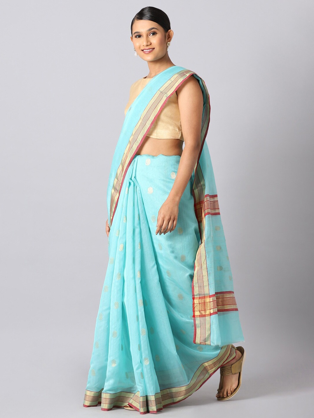 

Taneira Blue & Gold-Toned Woven Design Zari Silk Cotton Chanderi Saree