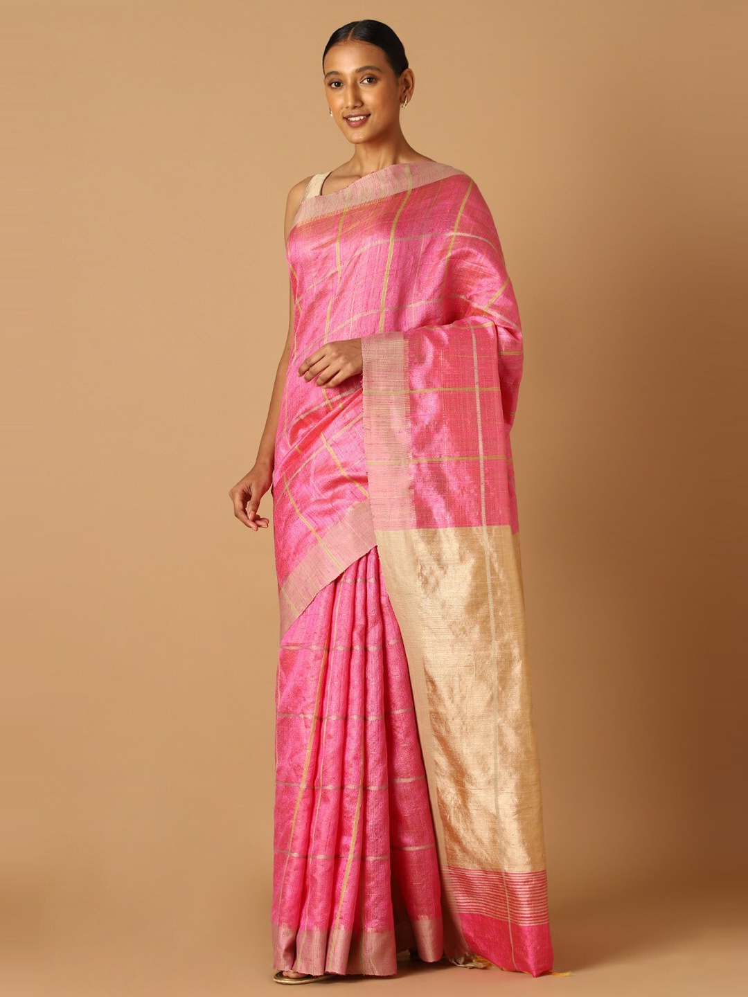 

Taneira Pink & Gold-Toned Checked Zari Pure Silk Bhagalpuri Saree