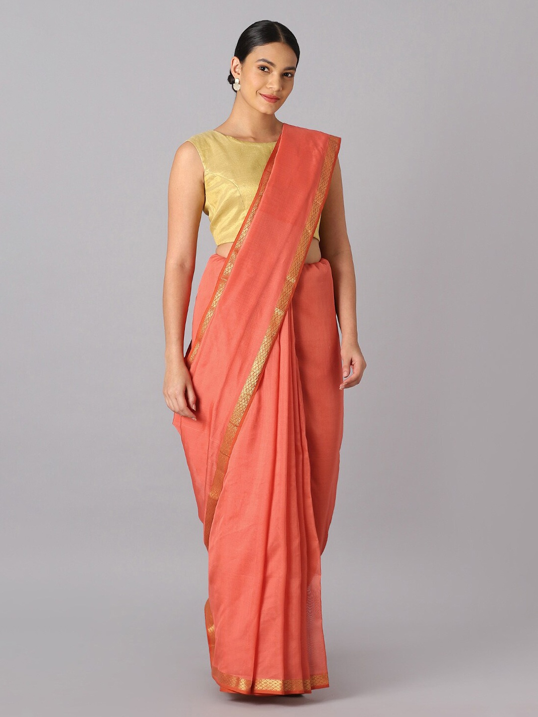 

Taneira Orange & Gold-Toned Zari Silk Cotton Maheshwari Saree