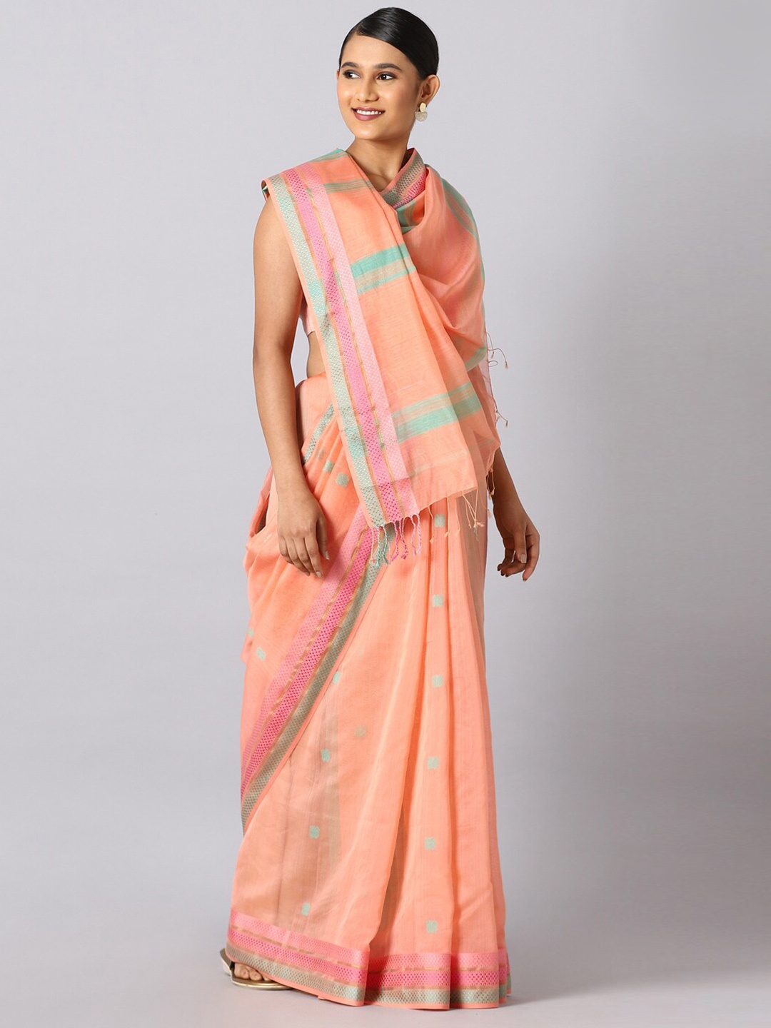 

Taneira Orange & Green Woven Design Zari Silk Cotton Maheshwari Saree