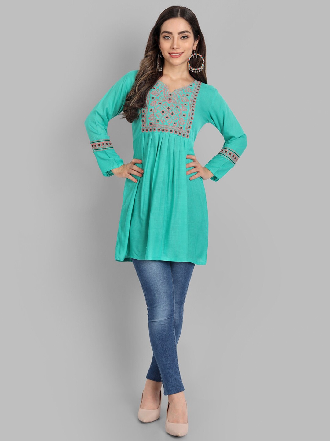 TORONFRAS Turquoise Blue Floral Embroidered Pleated Kurti