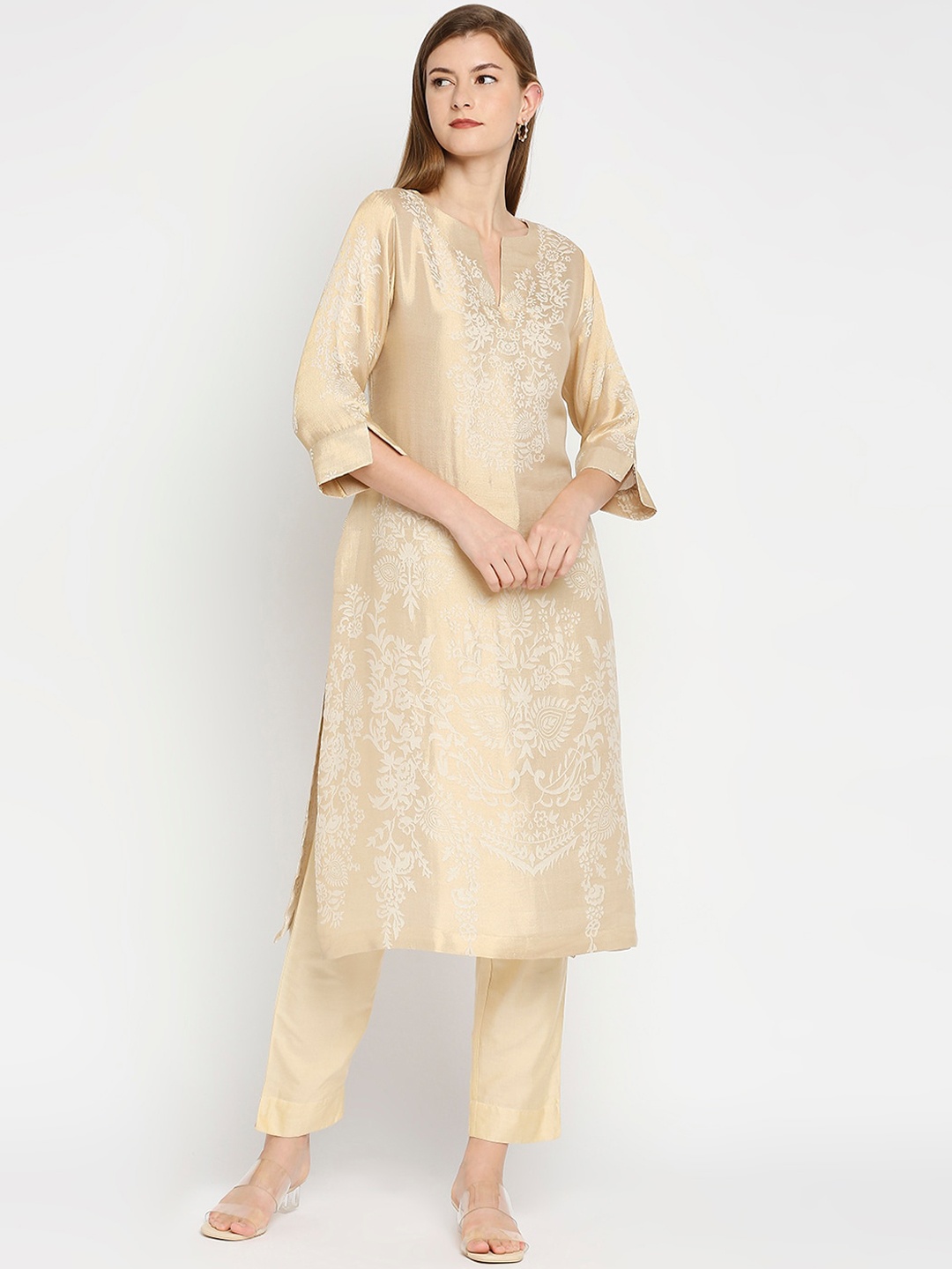 

Cloth Haus India Women Off White Three-Quarter Sleeves Modal Straight Brocade Kurta