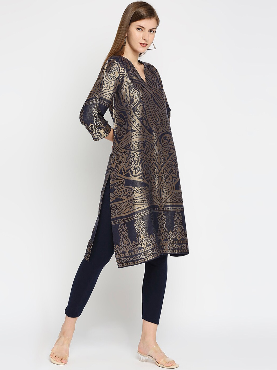 

Cloth Haus India Women Navy Blue Ethnic Motifs Design Brocade Kurta