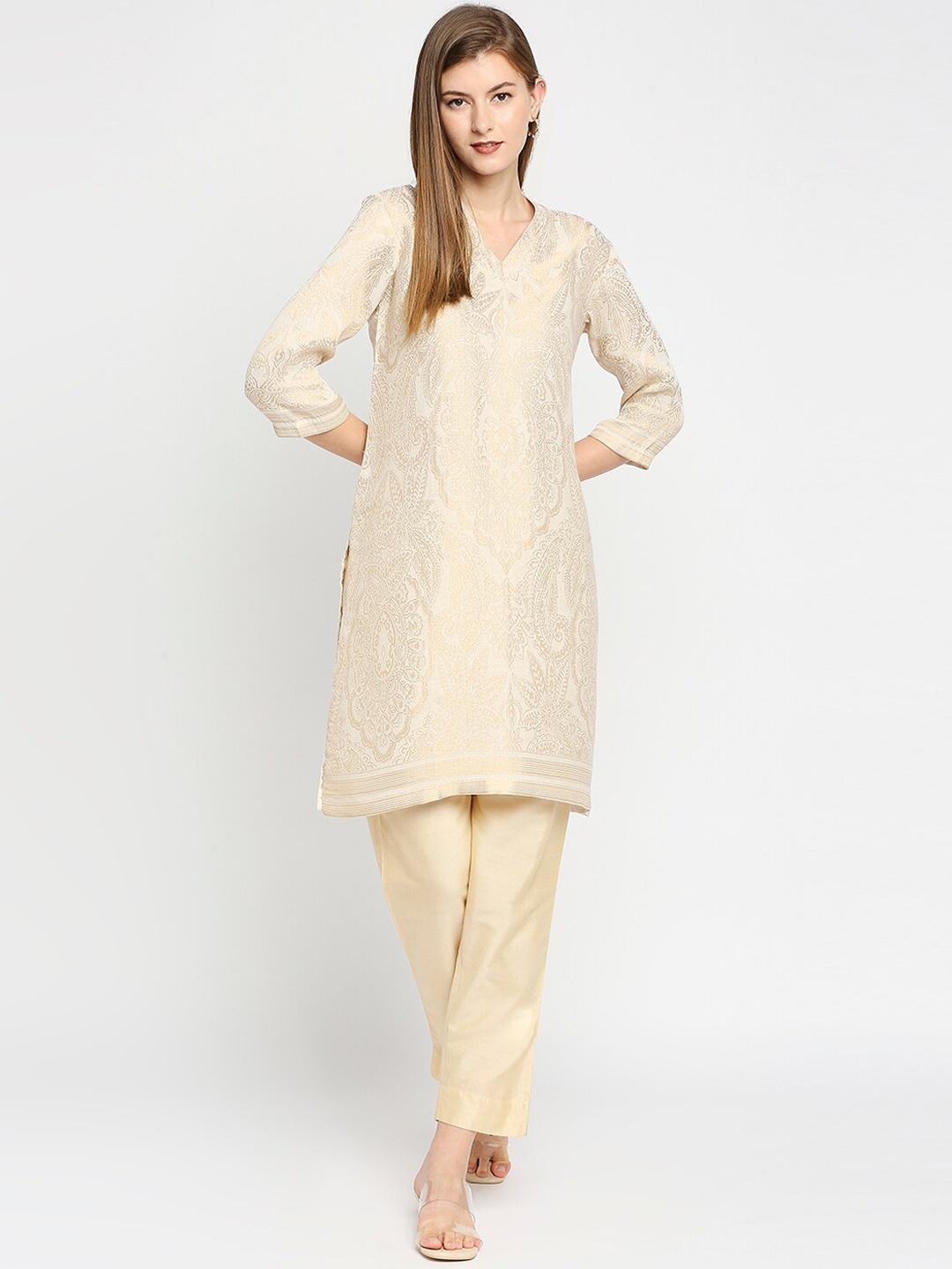 

Cloth Haus India Women Off White Ethnic Motifs Design Brocade Kurta