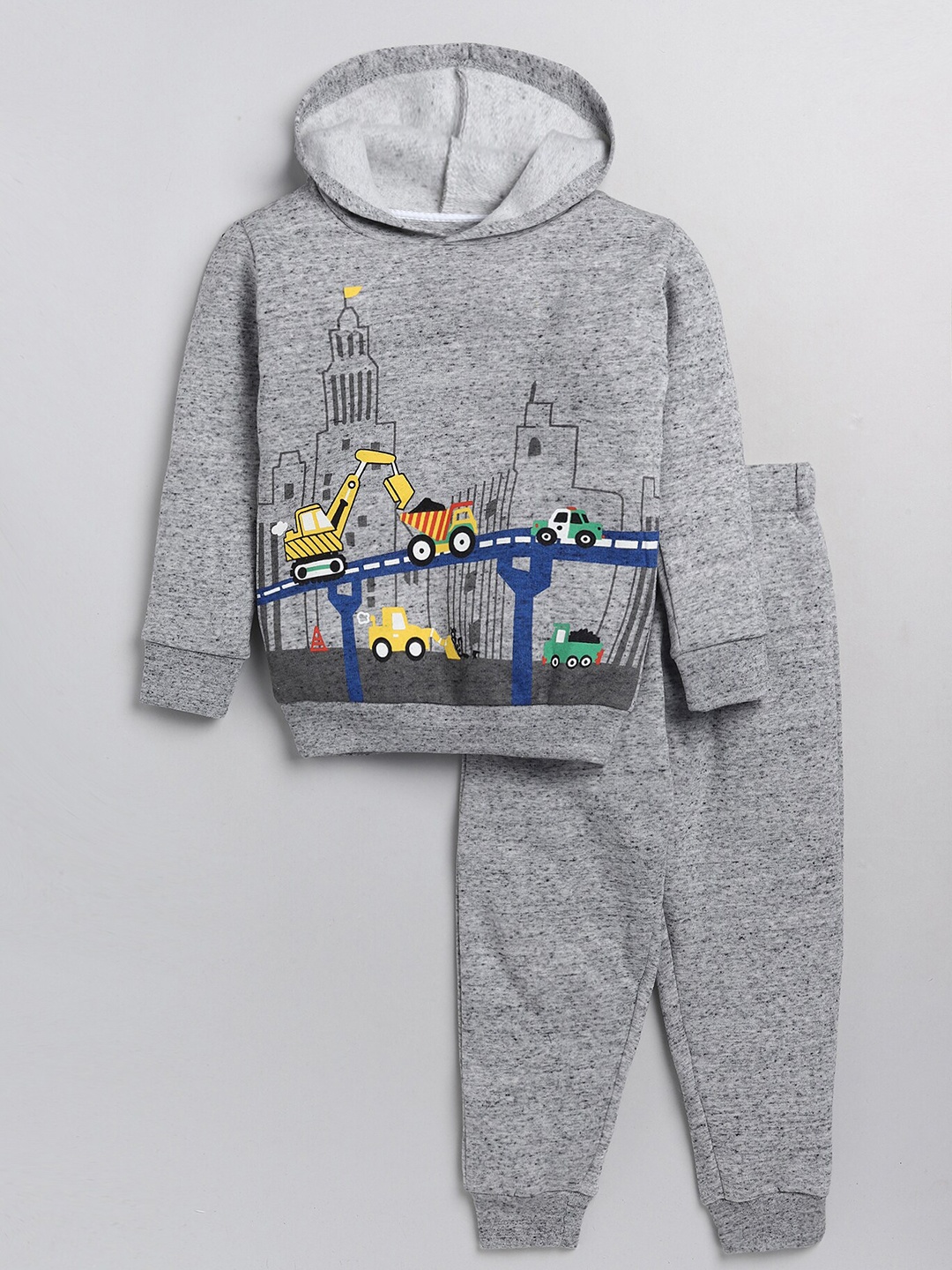 

YK Boys Grey Melange Truck Printed Hooded Sweatshirt with Trousers Set