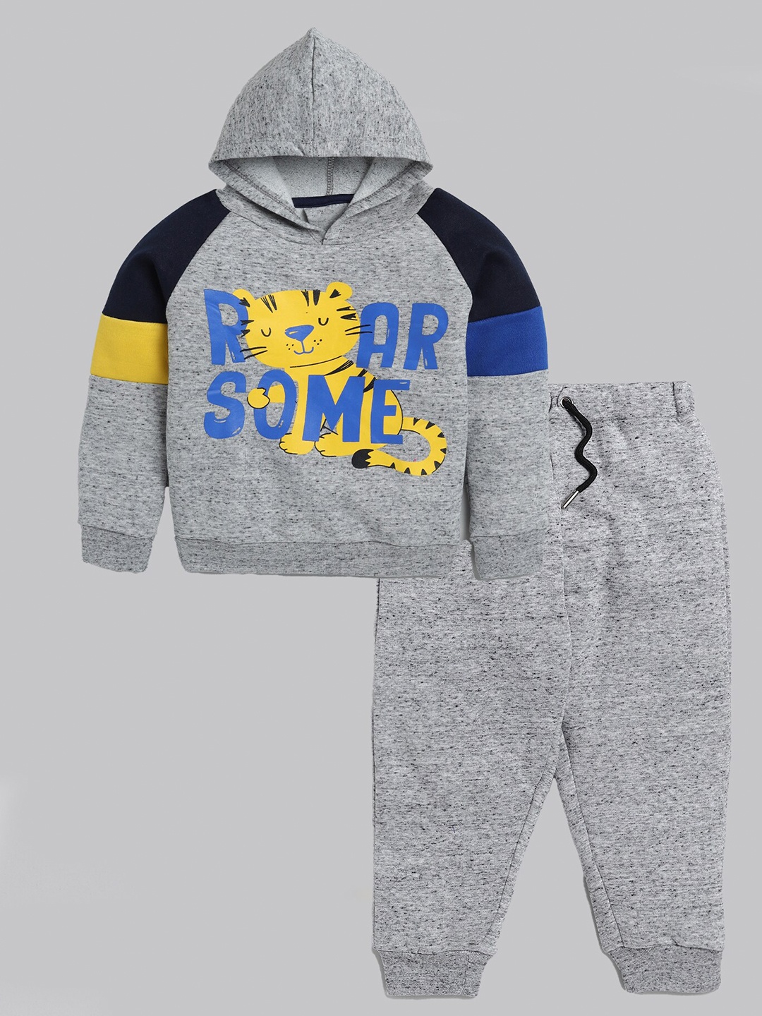 

YK Boys Grey Melange & Blue Printed Cotton Blend Hooded T-shirt with Trousers Set