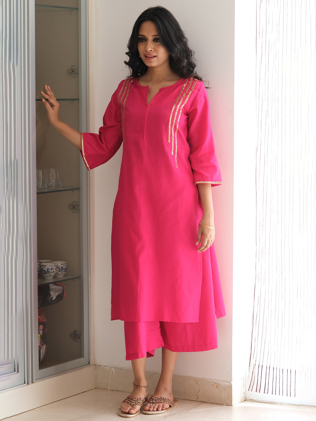 

AKISO Women Pink Zardozi Pure Cotton Kurta with Palazzos