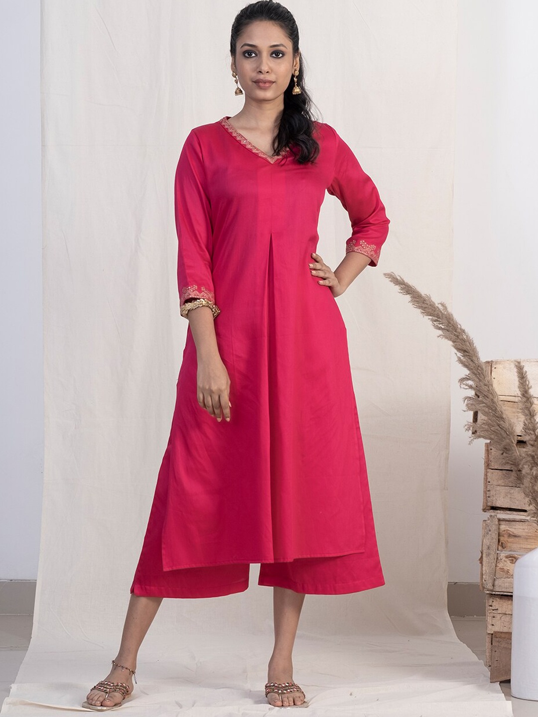 

AKISO Women Pink Pleated Zardozi Pure Cotton Kurta with Palazzos