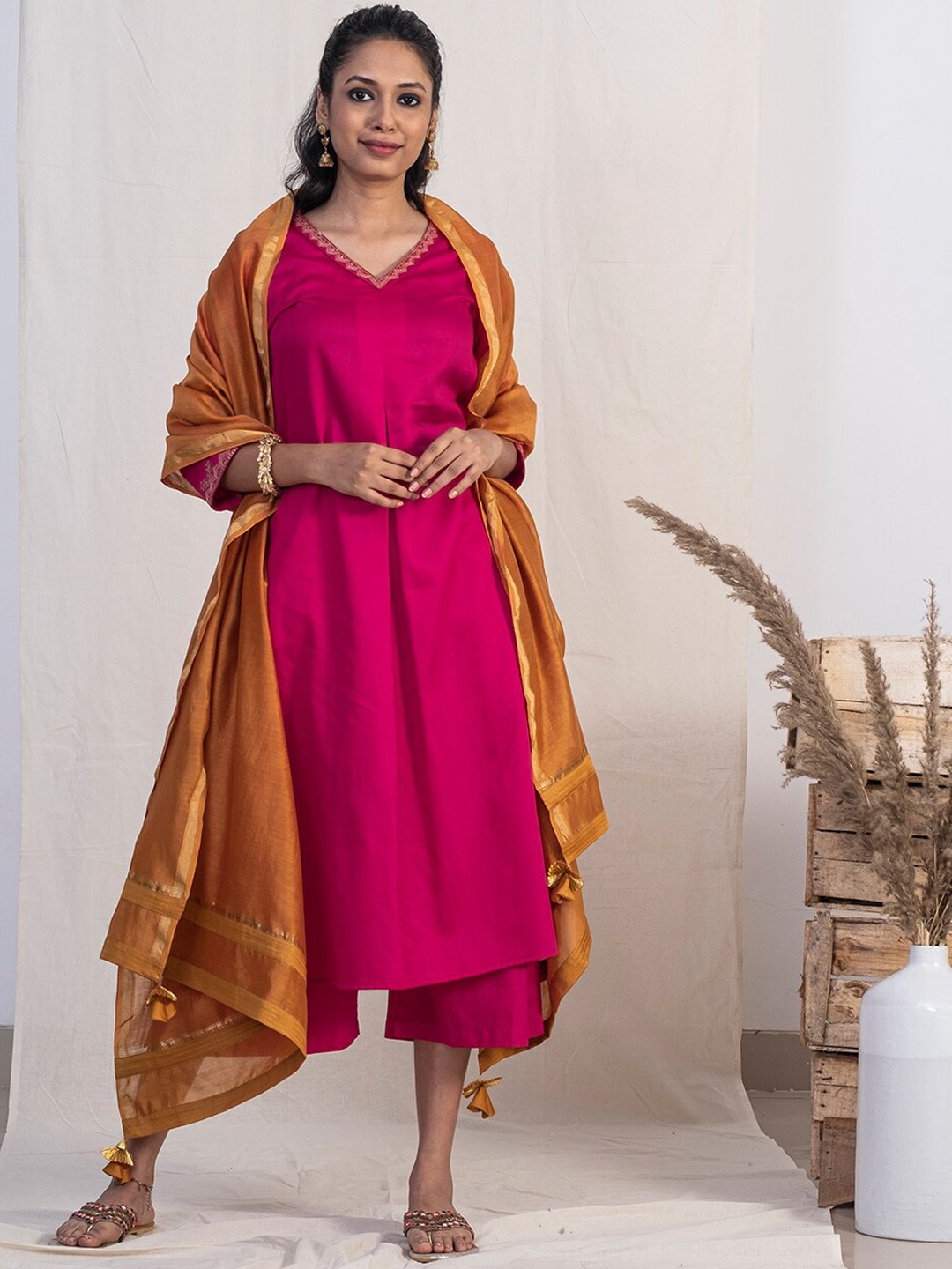 

AKISO Women Pink Pleated Zardozi Pure Cotton Kurta with Palazzos & With Dupatta