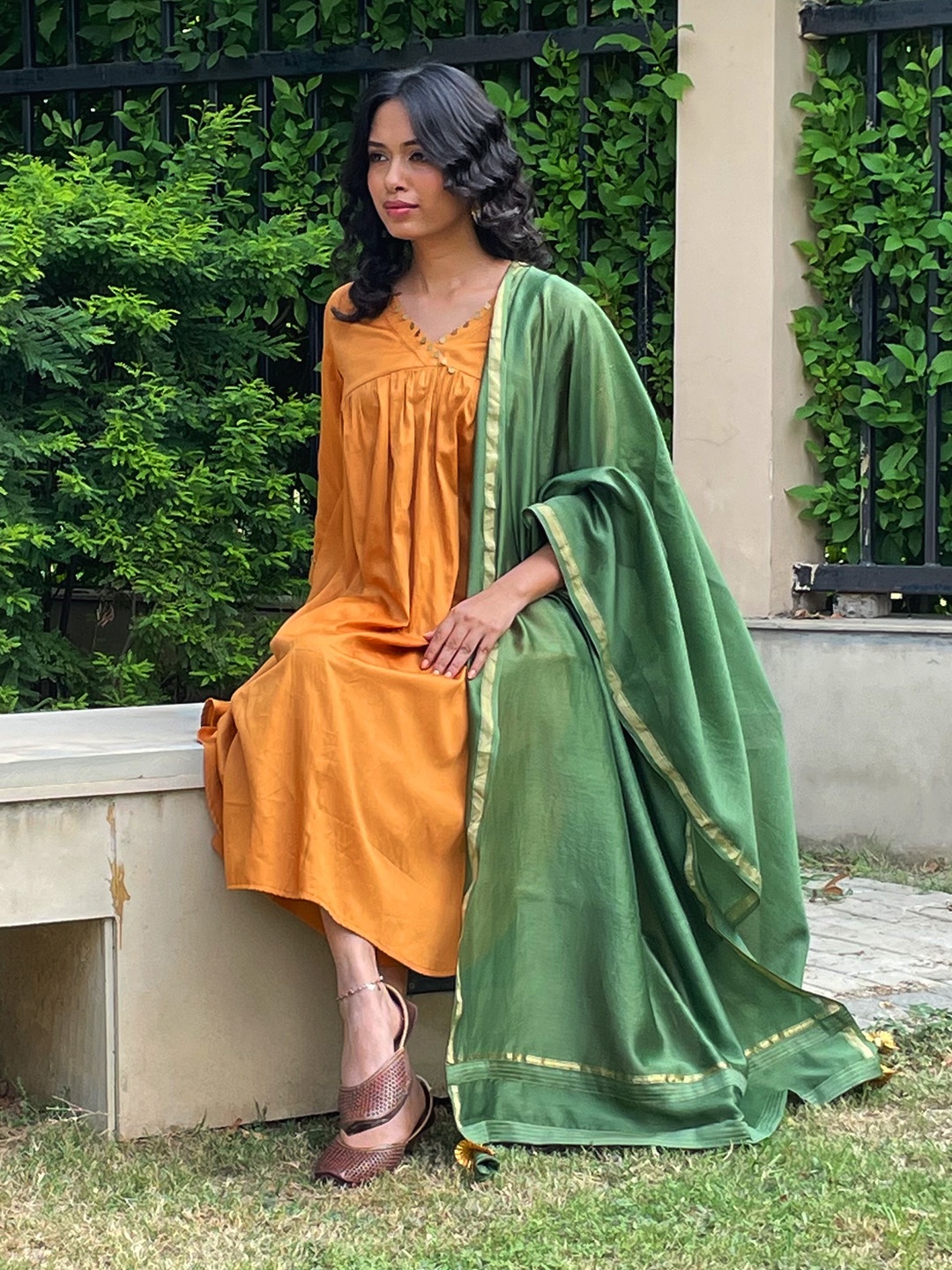 

AKISO Women Mustard Yellow Pleated Zardozi Pure Cotton Kurta with Palazzos & With Dupatta