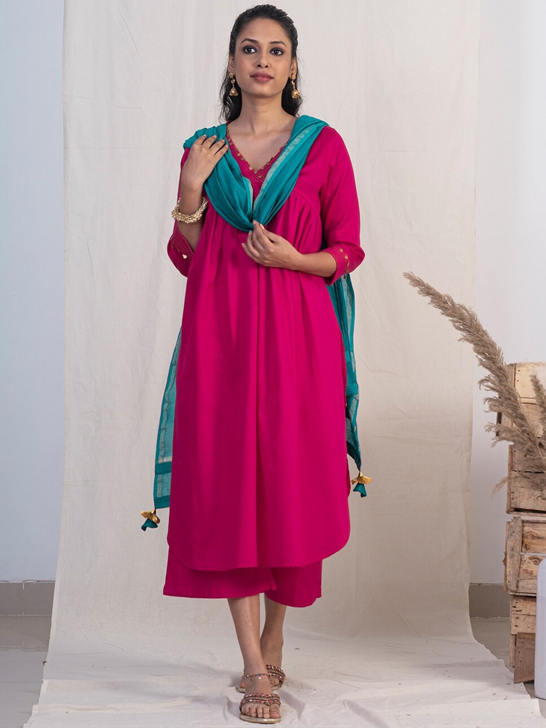 

AKISO Women Pink Pleated Pure Cotton Kurta with Palazzos & With Dupatta