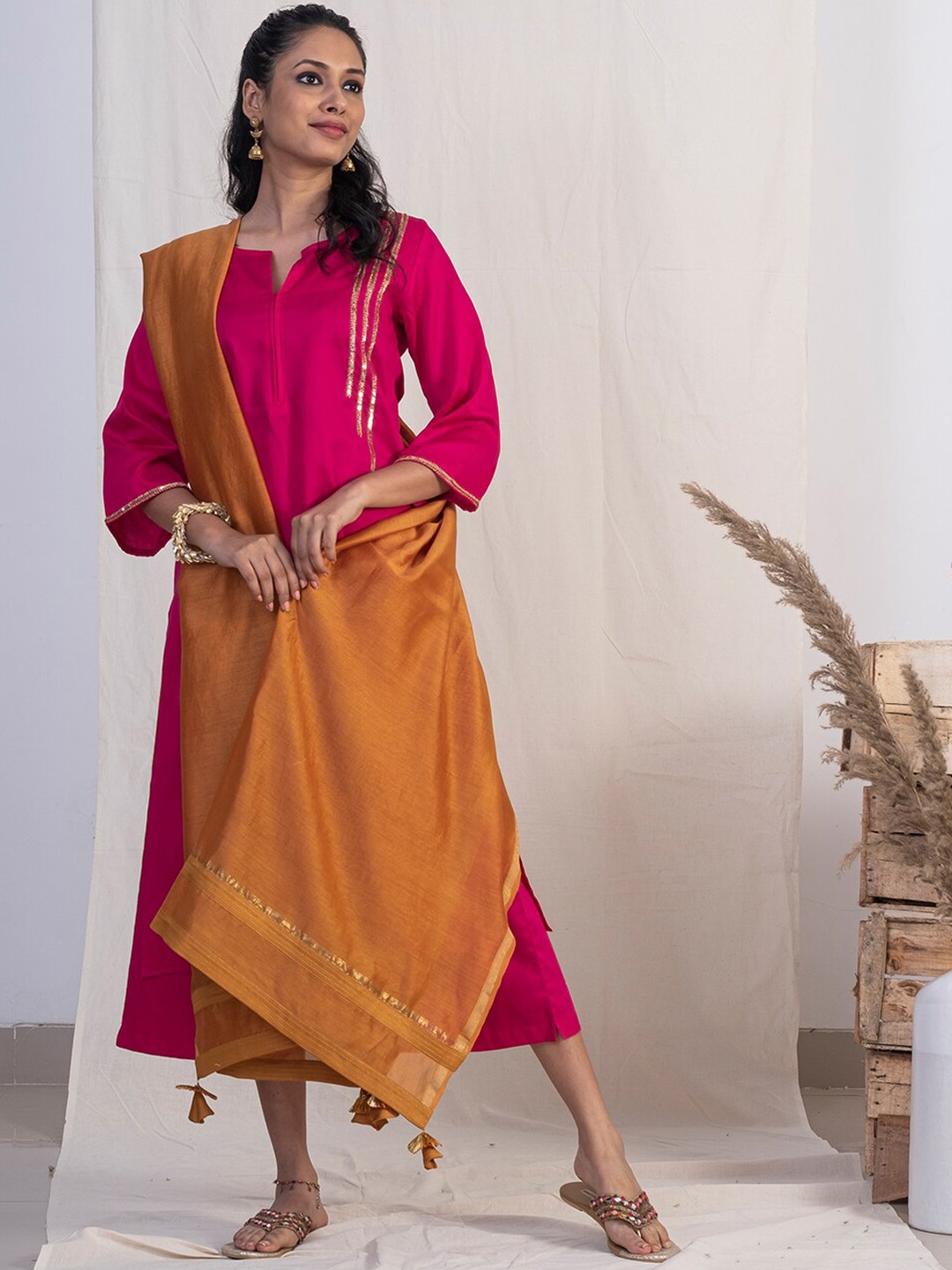 

AKISO Women Pink Zardozi Pure Cotton Kurta with Palazzos & With Dupatta