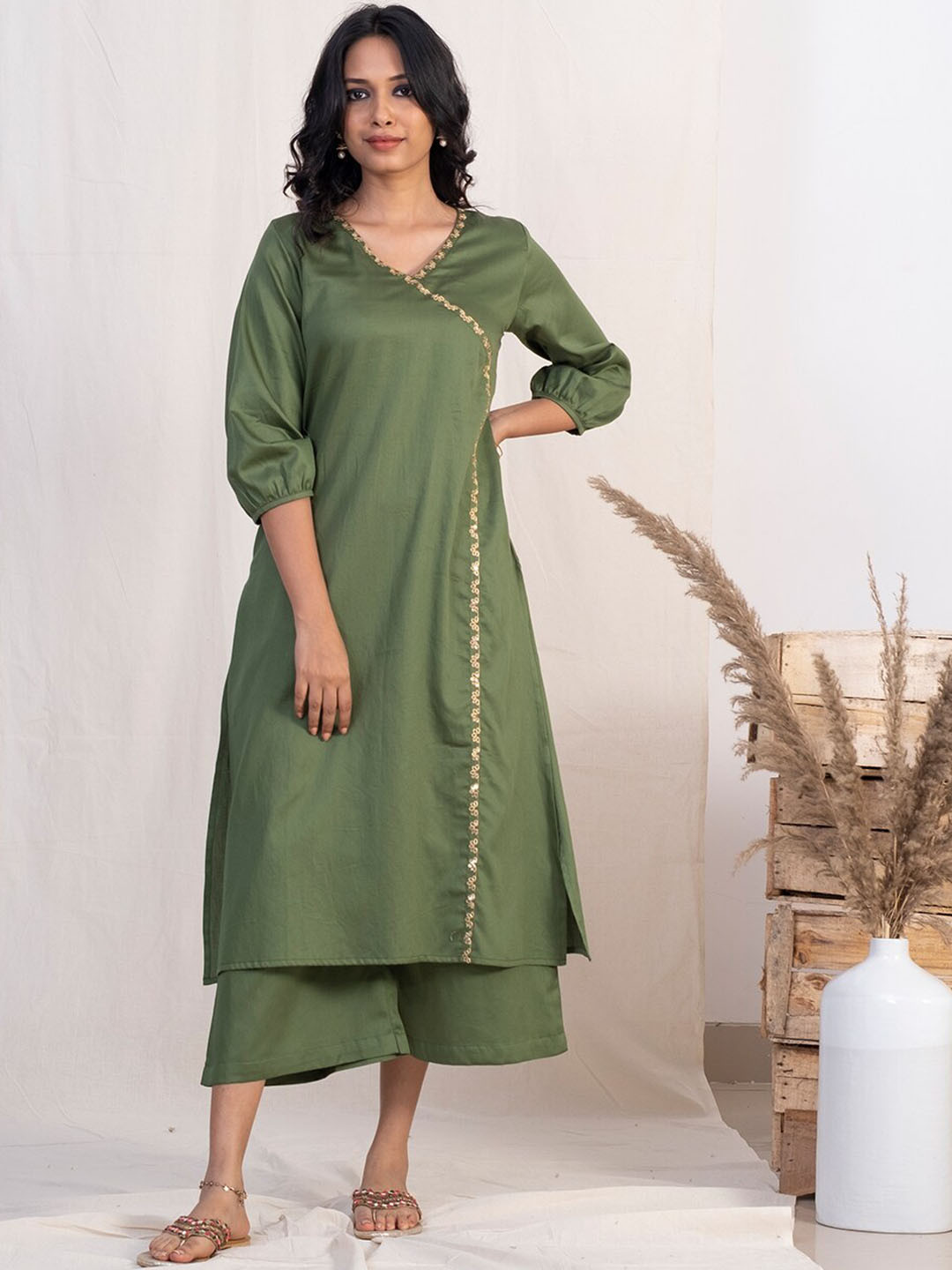 

AKISO Women Angrakha Zardozi Pure Cotton Kurta with Palazzos, Green