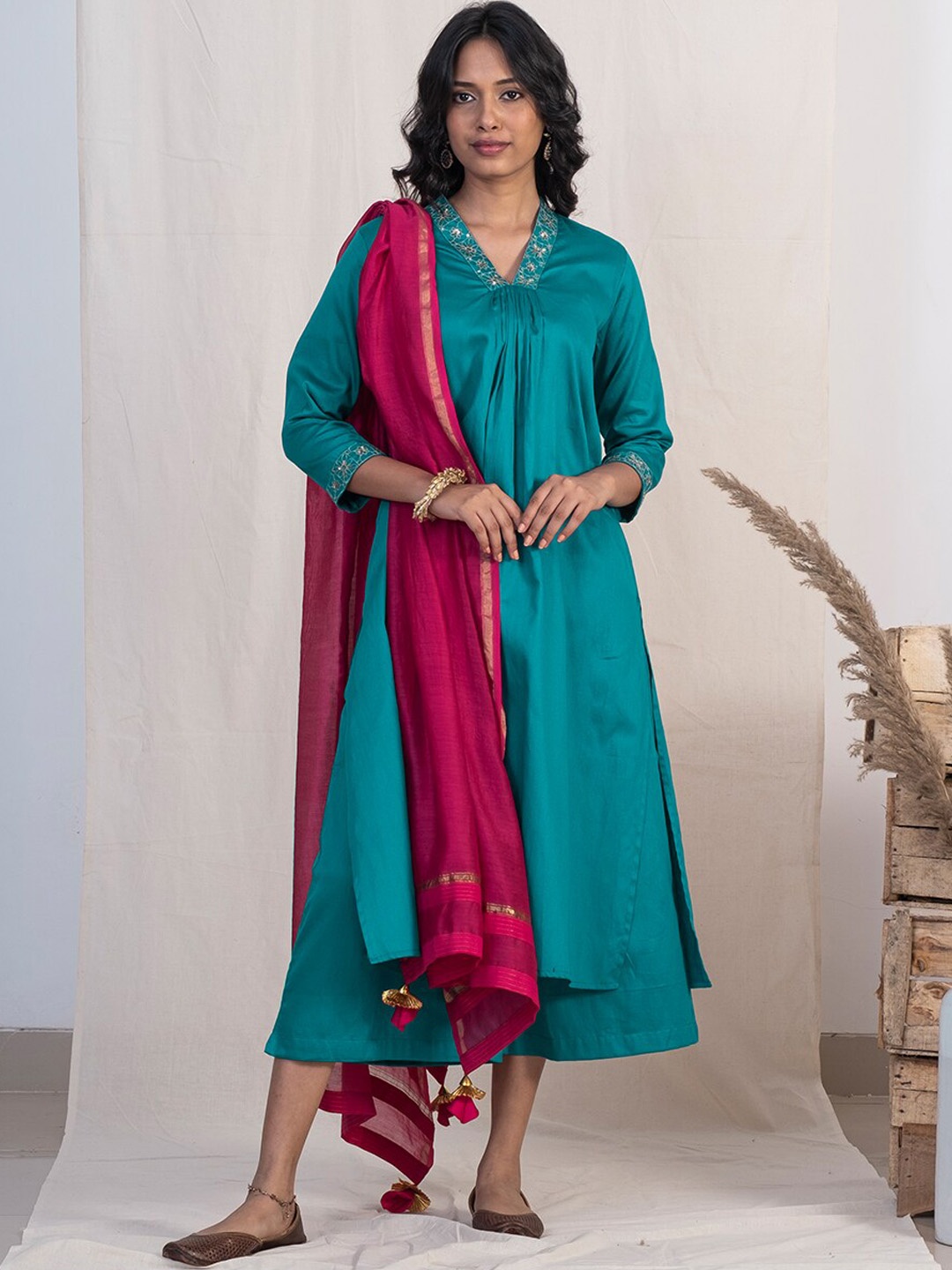 

AKISO Women Blue Pleated Zardozi Pure Cotton Kurta with Palazzos & With Dupatta