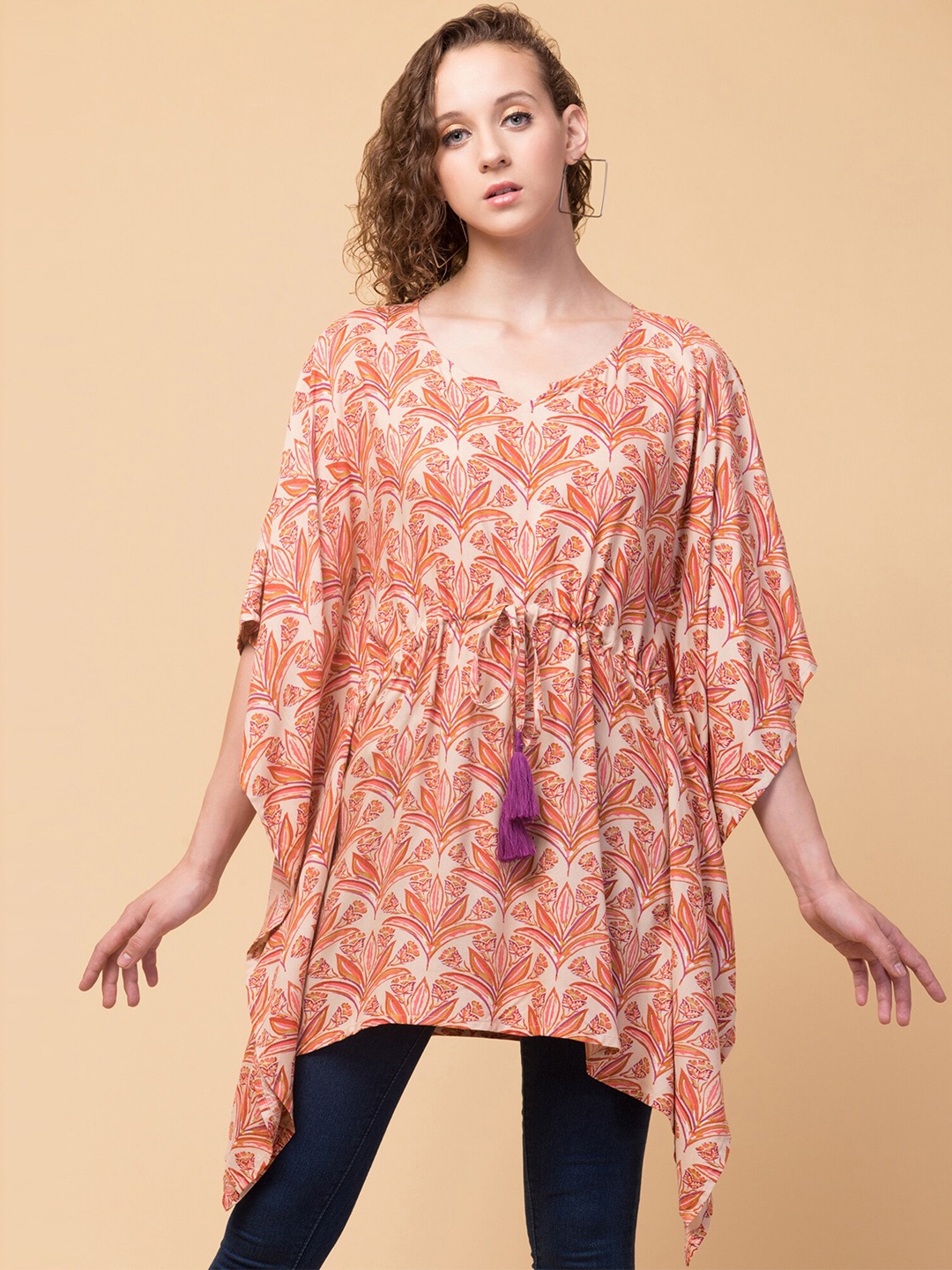 

Hive91 Peach-Coloured Floral Print Kaftan Longline Top