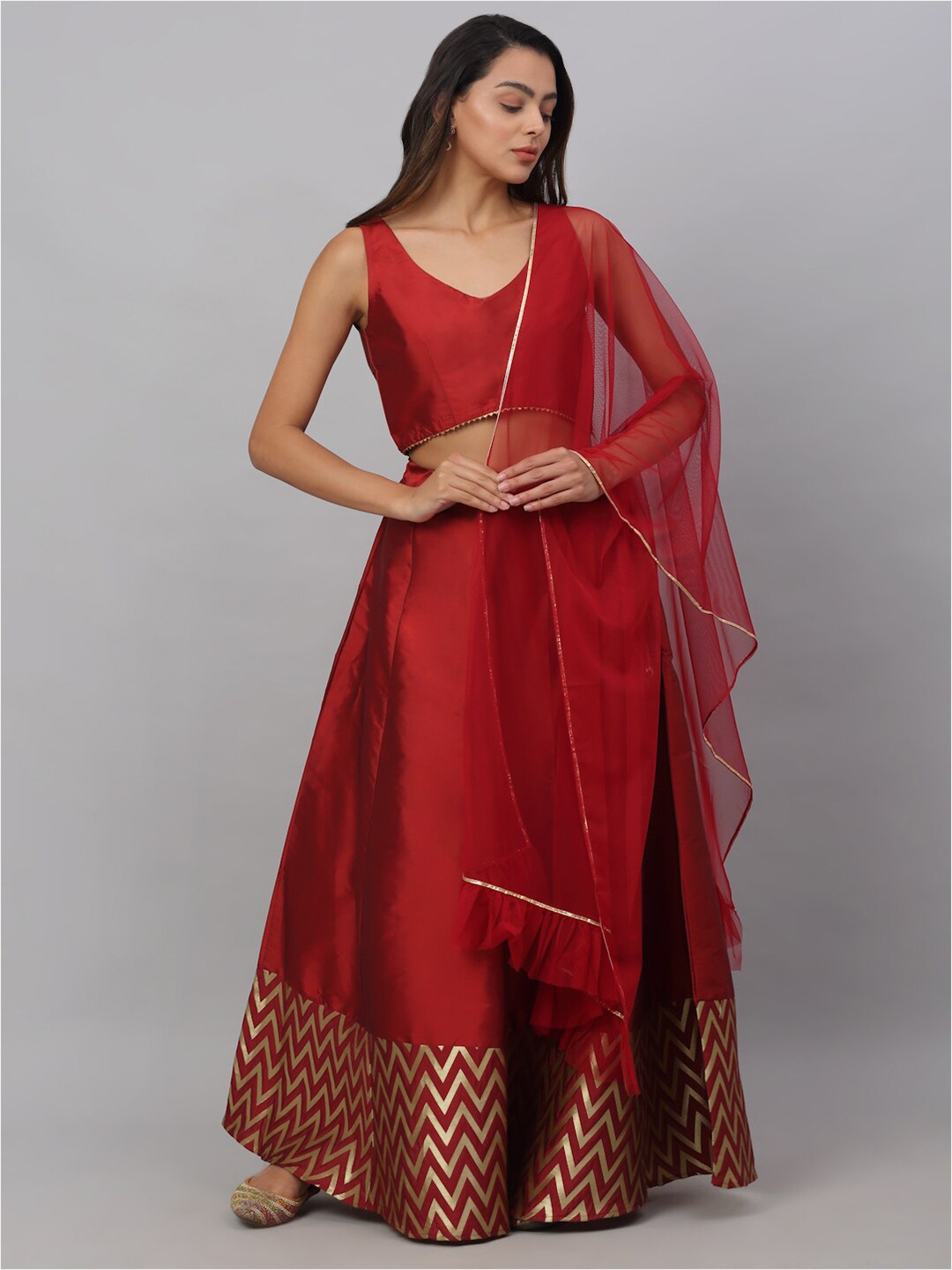 

NEUDIS Maroon & Gold-Toned Embellished Lehenga & Blouse With Dupatta