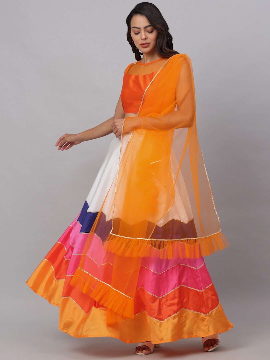 

NEUDIS Orange & White Ready to Wear Lehenga & Blouse With Dupatta