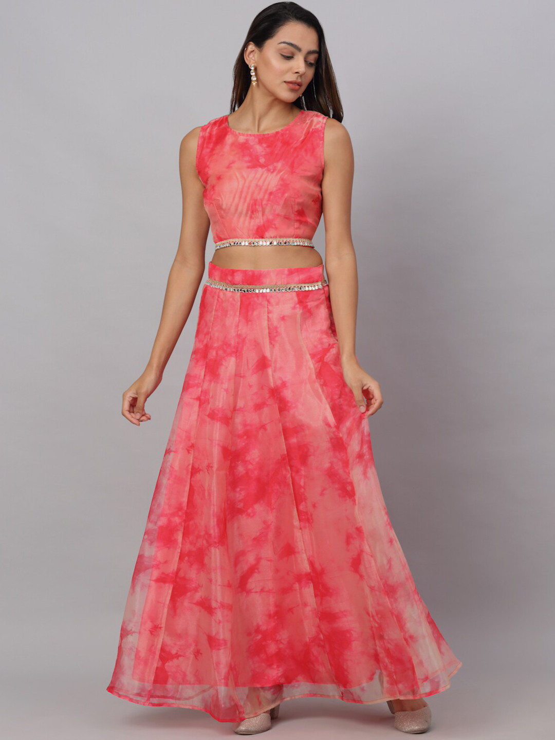 

NEUDIS Pink & Gold-Toned Printed Tie and Dye Ready to Wear Lehenga & Blouse