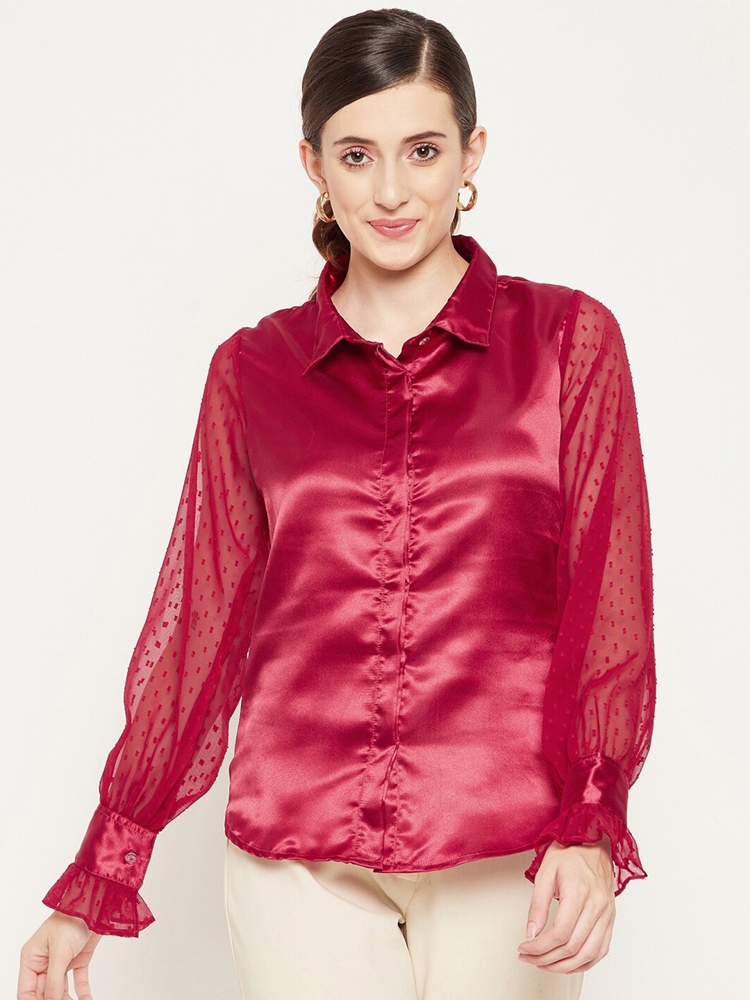 

Bitterlime Women Red Satin Casual Shirt