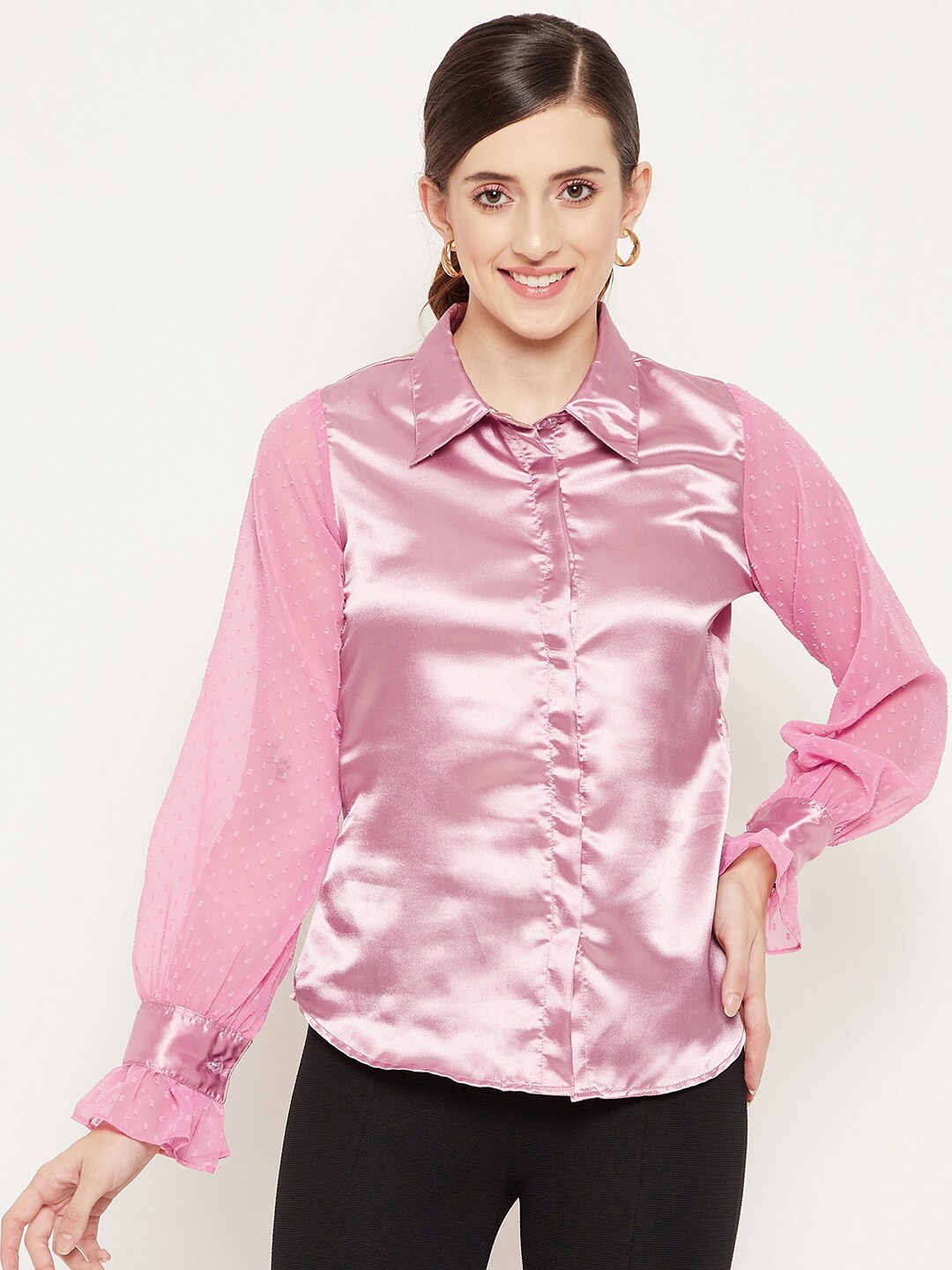 

Bitterlime Women Pink Satin Casual Shirt