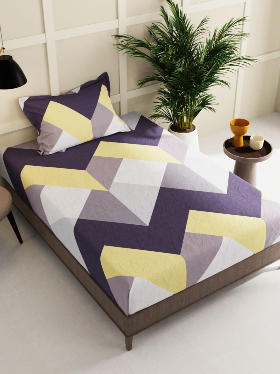 

BIANCA Yellow & Purple Geometric 150 TC Single Bedsheet with 1 Pillow Cover