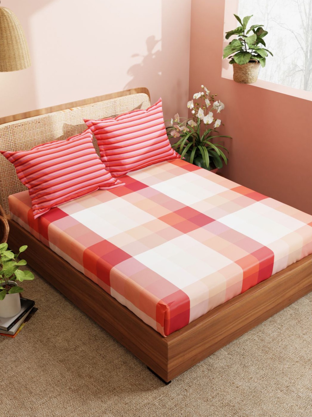 

BIANCA Orange & Off White Geometric 210 TC Double King Bedsheet with 2 Pillow Covers