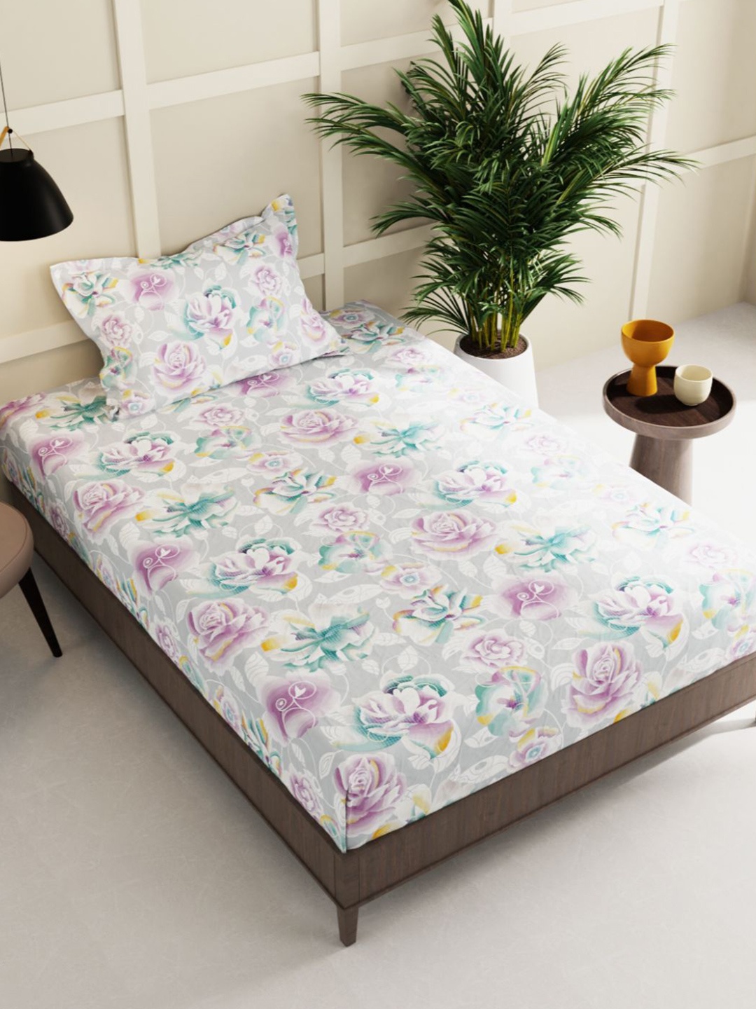 

BIANCA Grey & Purple Floral 150 TC Single Bedsheet with 1 Pillow Cover