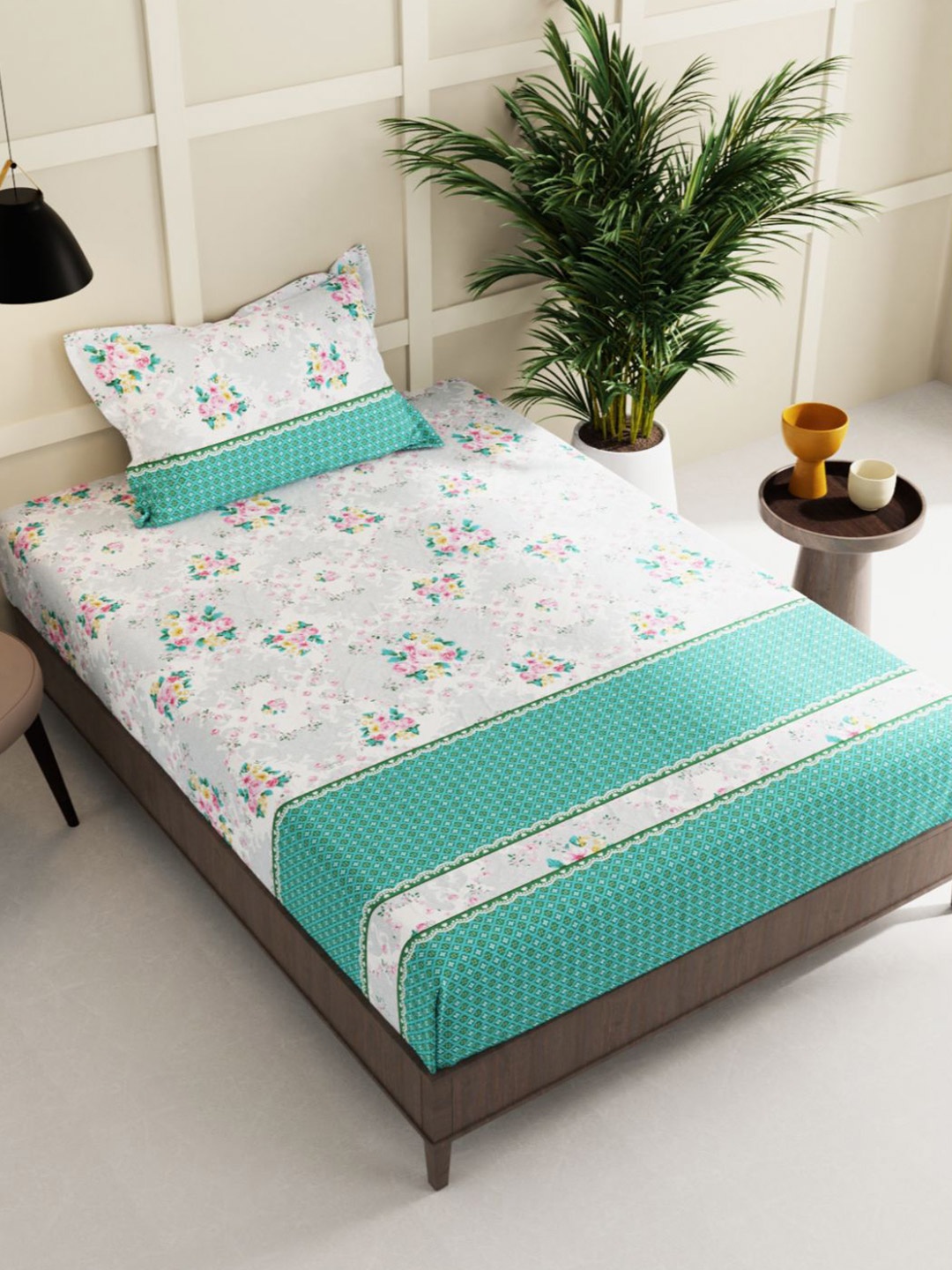 

BIANCA Green & White Floral 150 TC Single Bedsheet with 1 Pillow Cover
