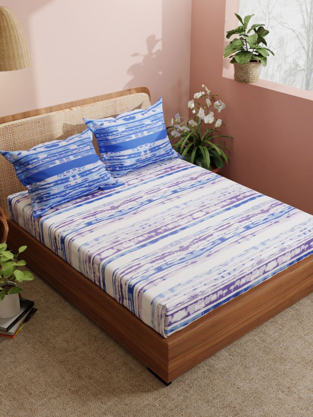 

BIANCA Off White & Blue Striped 210 TC King Bedsheet with 2 Pillow Covers