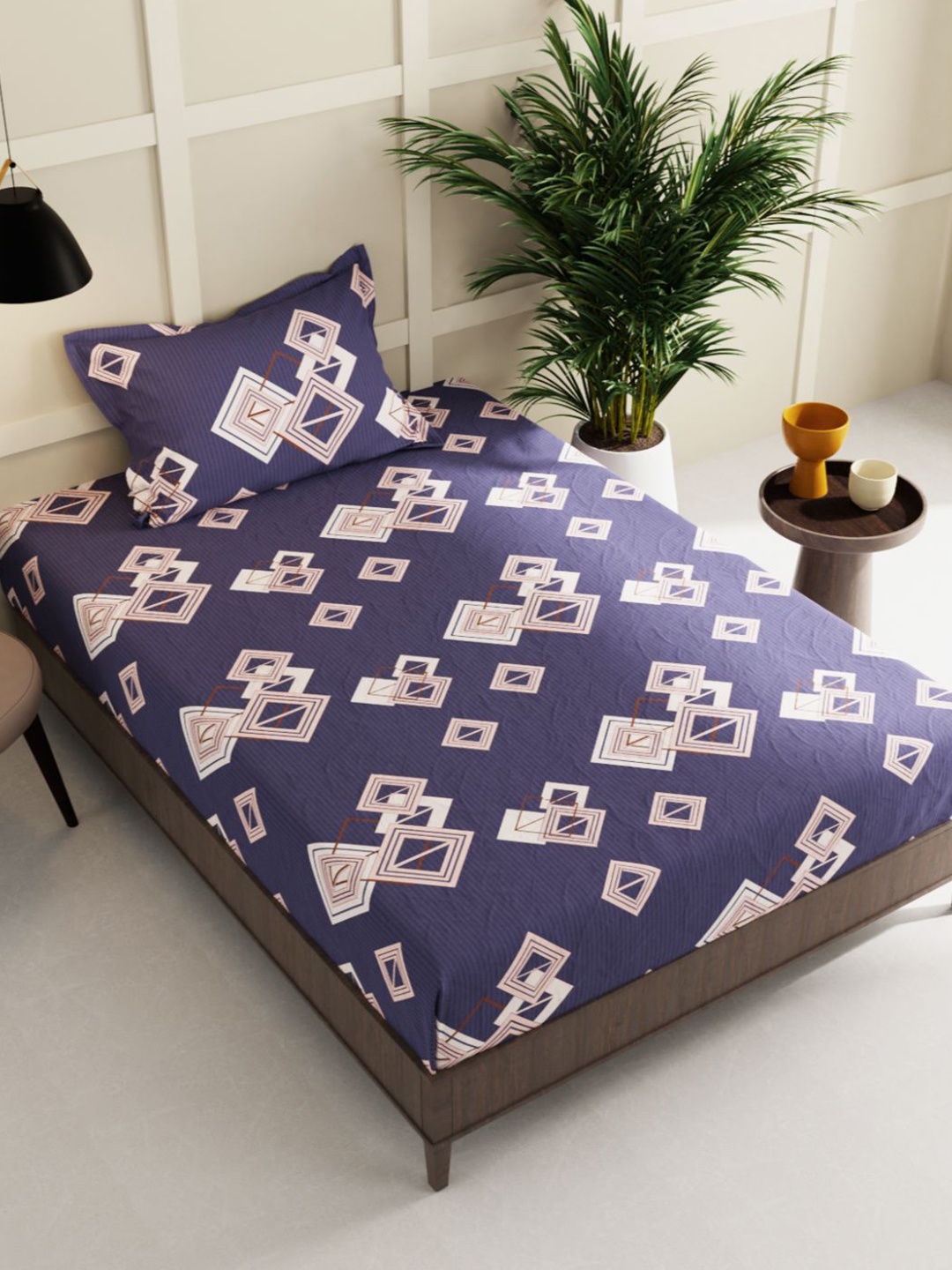 

BIANCA Blue & White Geometric 150 TC Single Bedsheet with 1 Pillow Cover