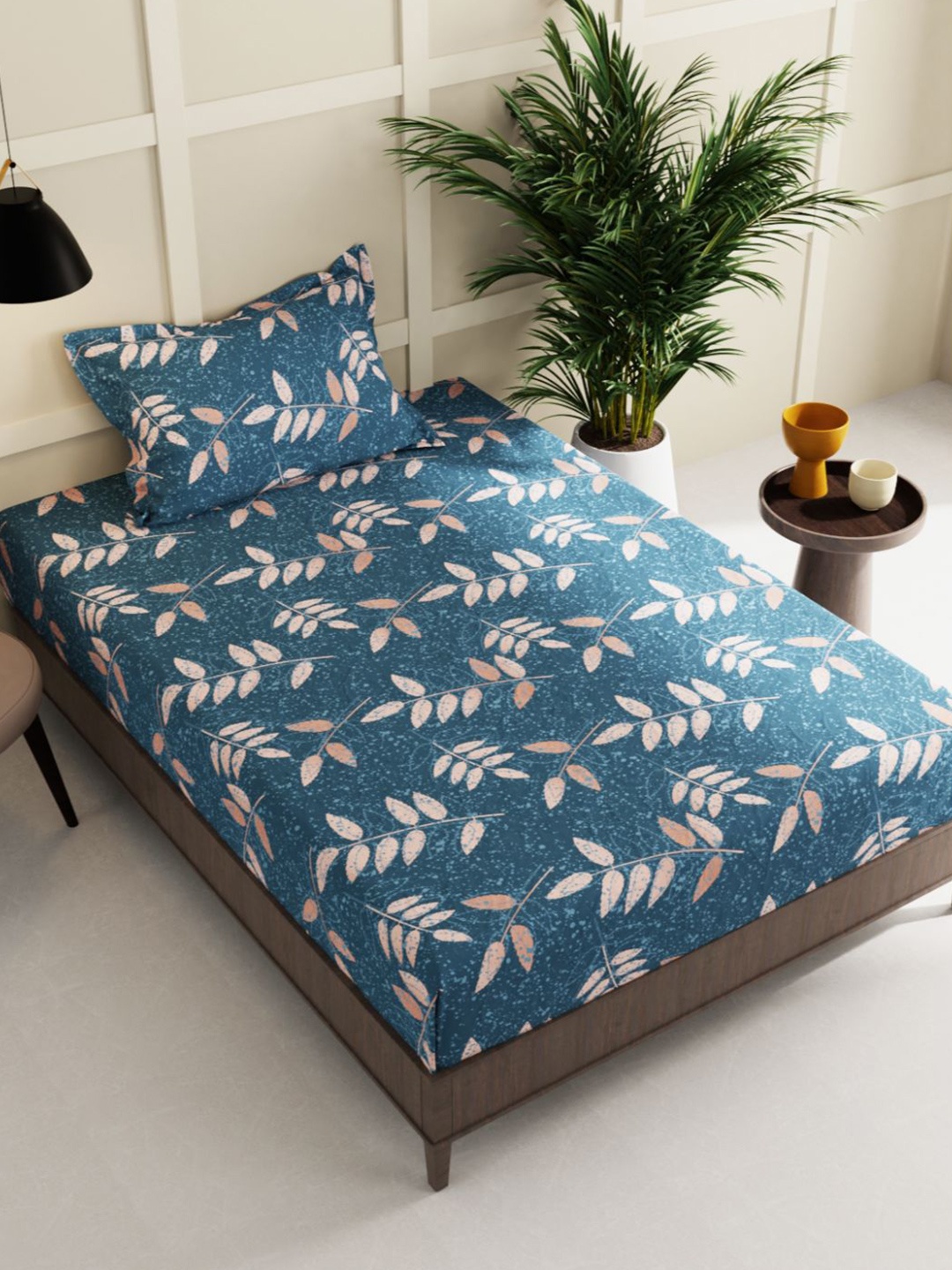 

BIANCA Blue & Peach-Coloured Floral 150 TC Single Bedsheet with 1 Pillow Cover