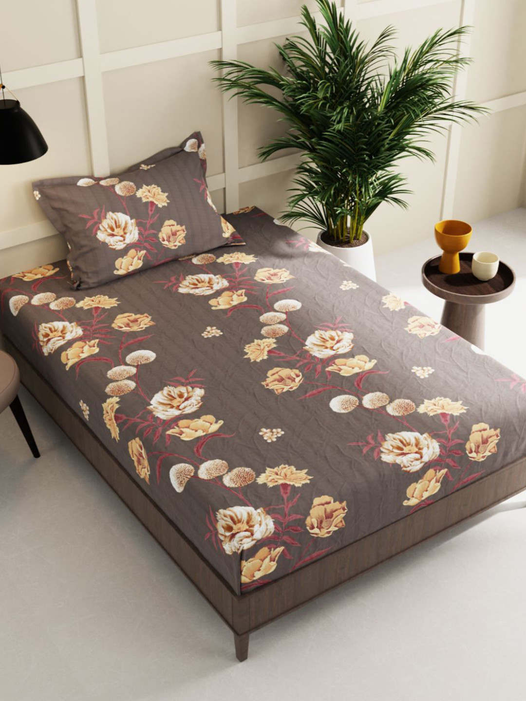 

BIANCA Brown & Pink Floral 150 TC Single Bedsheet with 1 Pillow Cover
