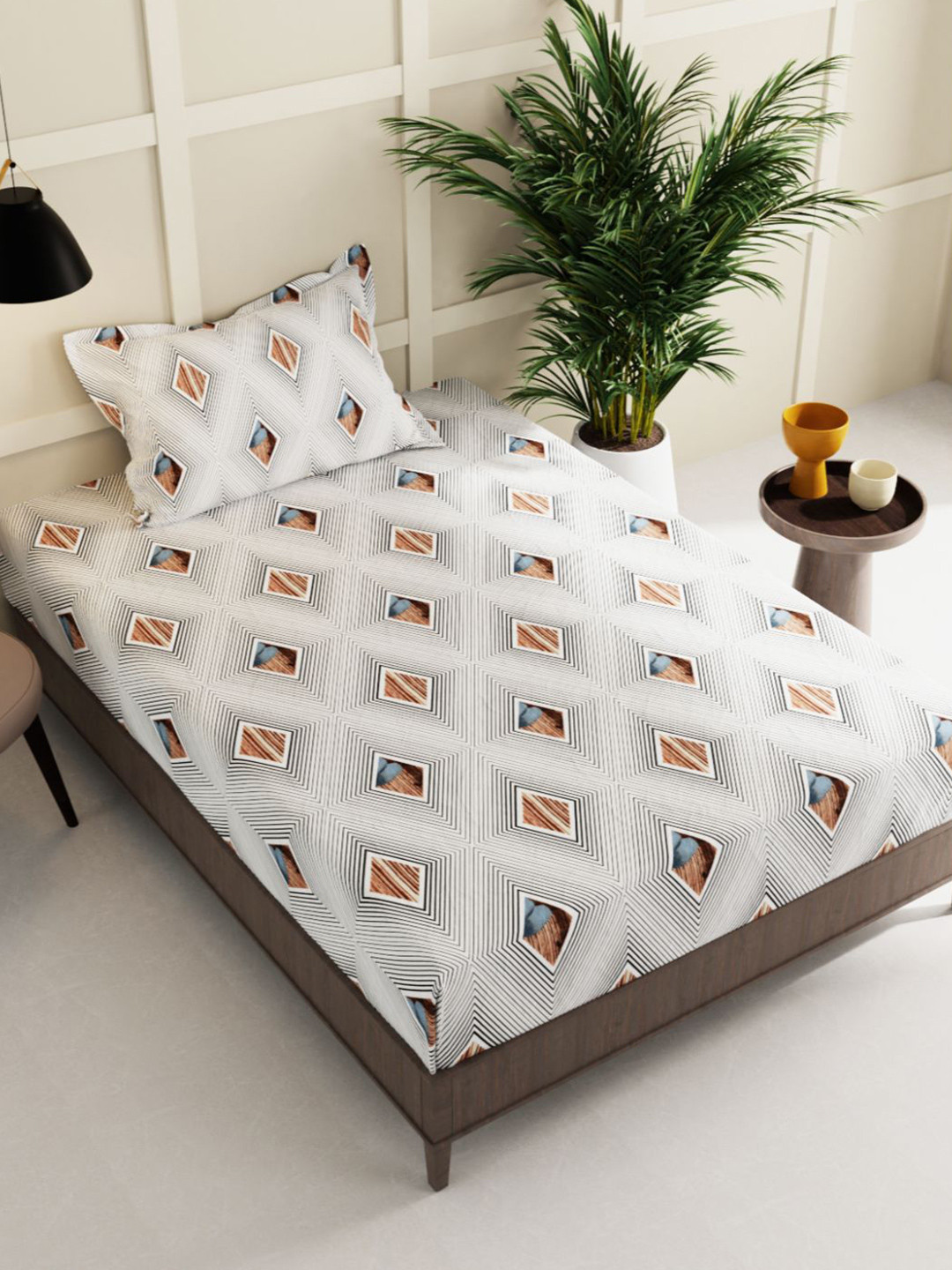 

BIANCA Off White & Blue Geometric 150 TC Single Bedsheet with 1 Pillow Cover