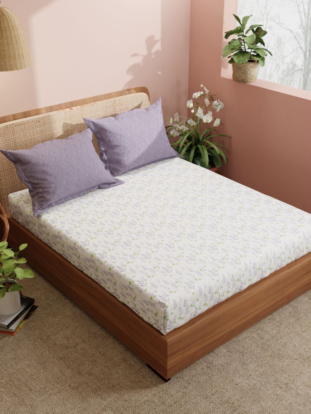 

BIANCA Purple & Off White Floral 210 TC Pure Cotton King Bedsheet with 2 Pillow Covers