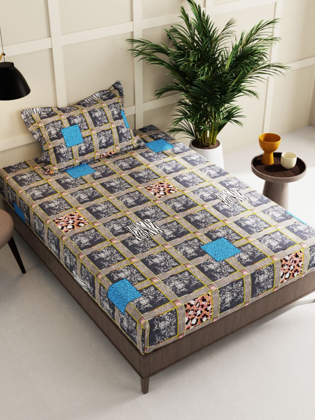 

BIANCA Grey & Blue Geometric 150 TC Single Bedsheet with 1 Pillow Cover