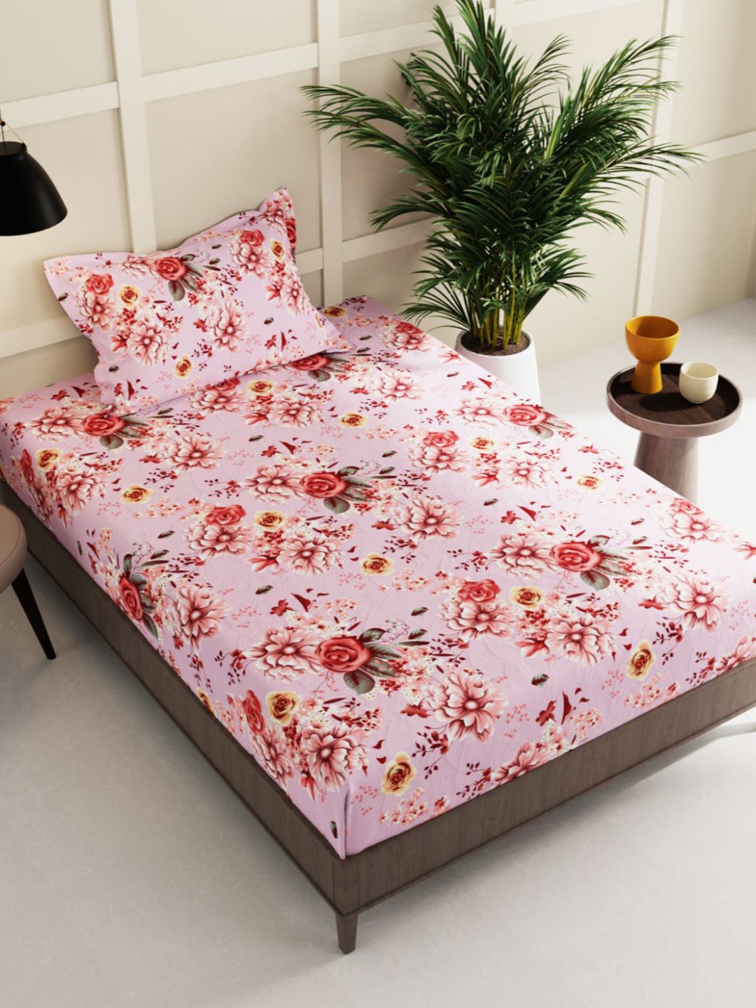 

BIANCA Pink & Yellow Floral 150 TC Single Bedsheet with 1 Pillow Cover