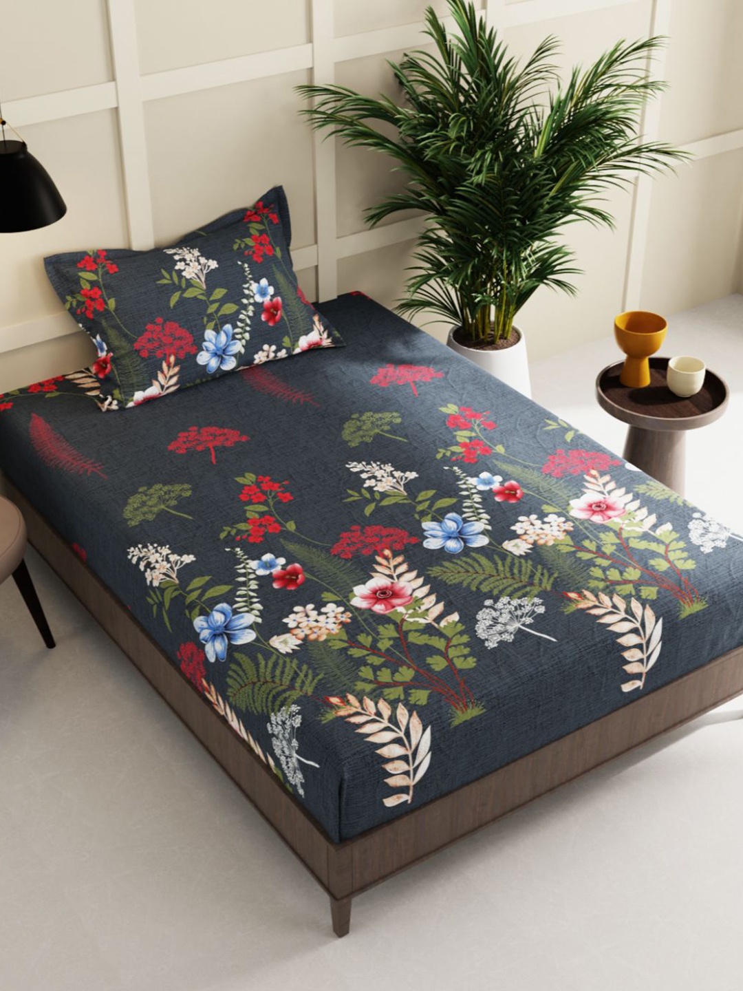 

BIANCA Green & Blue Floral 150 TC Single Bedsheet with 1 Pillow Cover