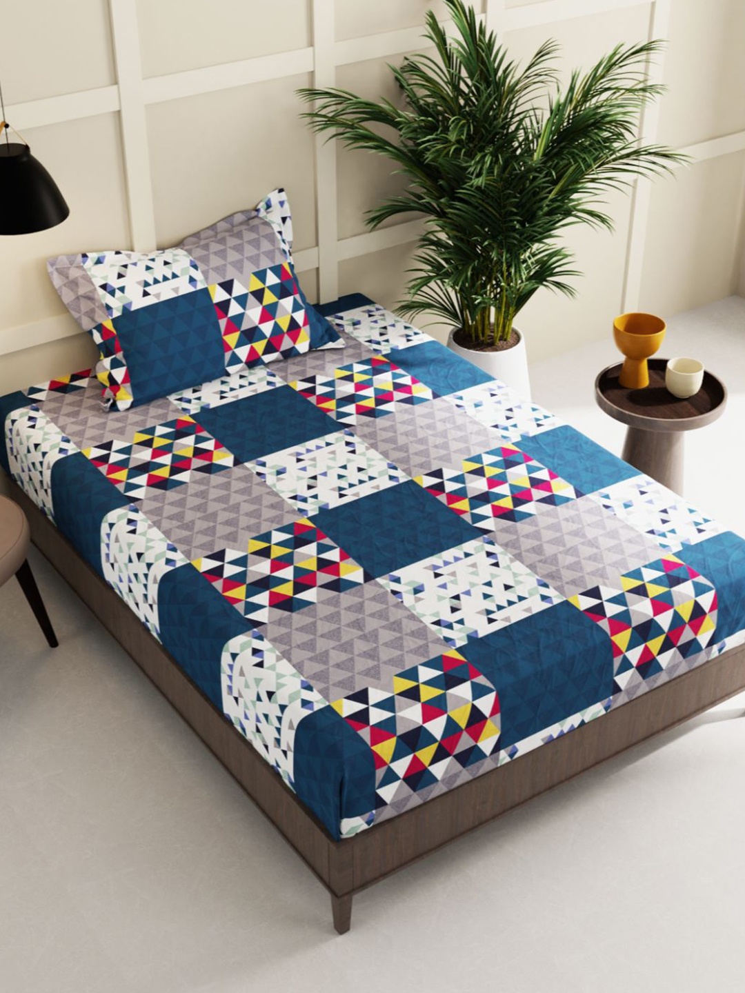 

BIANCA Blue & Grey Geometric 150 TC Single Bedsheet with 1 Pillow Cover