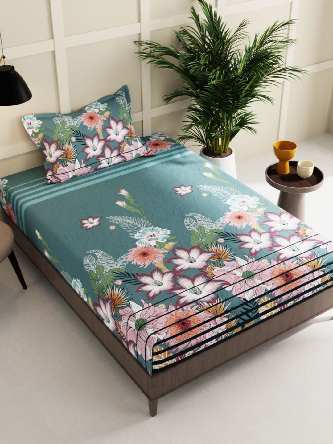 

BIANCA Green & Pink Floral 150 TC Single Bedsheet with 1 Pillow Cover